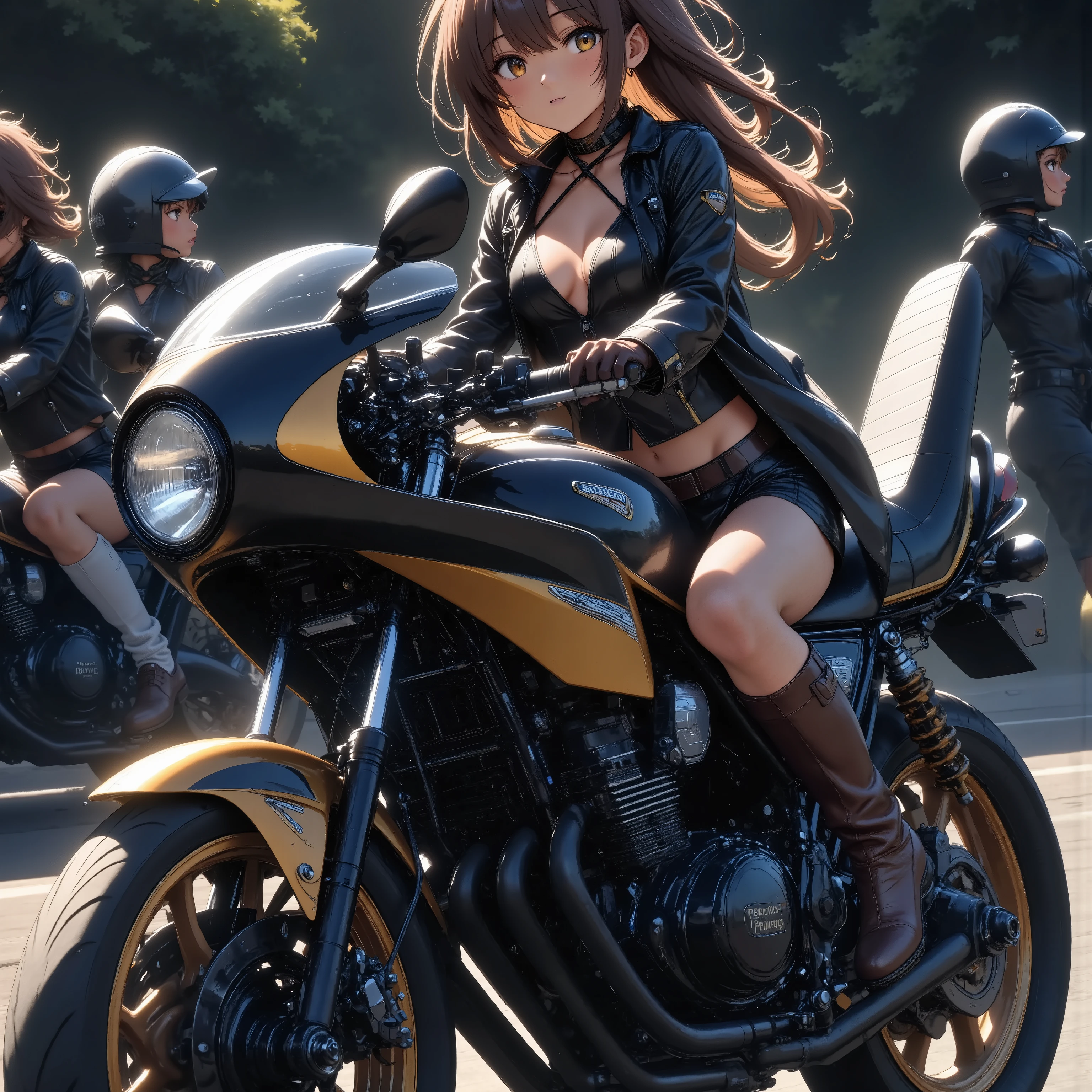 A Beautiful Woman on a Motorcycle  +Glossy Brown Skin  +Long Slim Leather Boots  + coat of slim leather  +Perfect face. 、 top quality,  wolf cut,  movie light effect, 