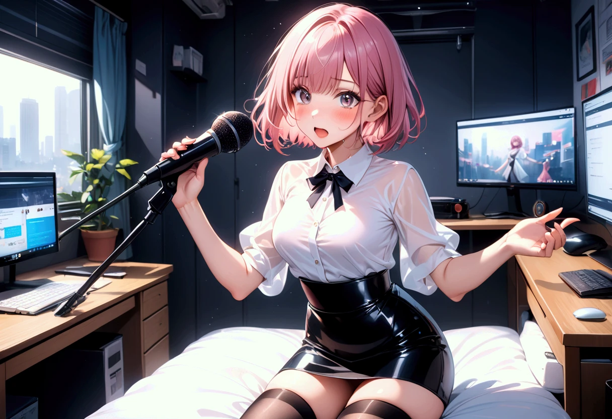 Solo, Delicate face, Long eyelashes, Narrow eyes, (High ponytail: 1.3), (Red eyes: 1.3), (Pink hair and white mesh: 1.2), Large cleavage, Slim, Tartan Check, Music Room, Angle from Above, uniform, Light blue and white lace underwear, Sweat, sit on chair, Legs open, sheer, Crying, Mouth wide open, Tongue out, legs are open, Crotch, , sheer