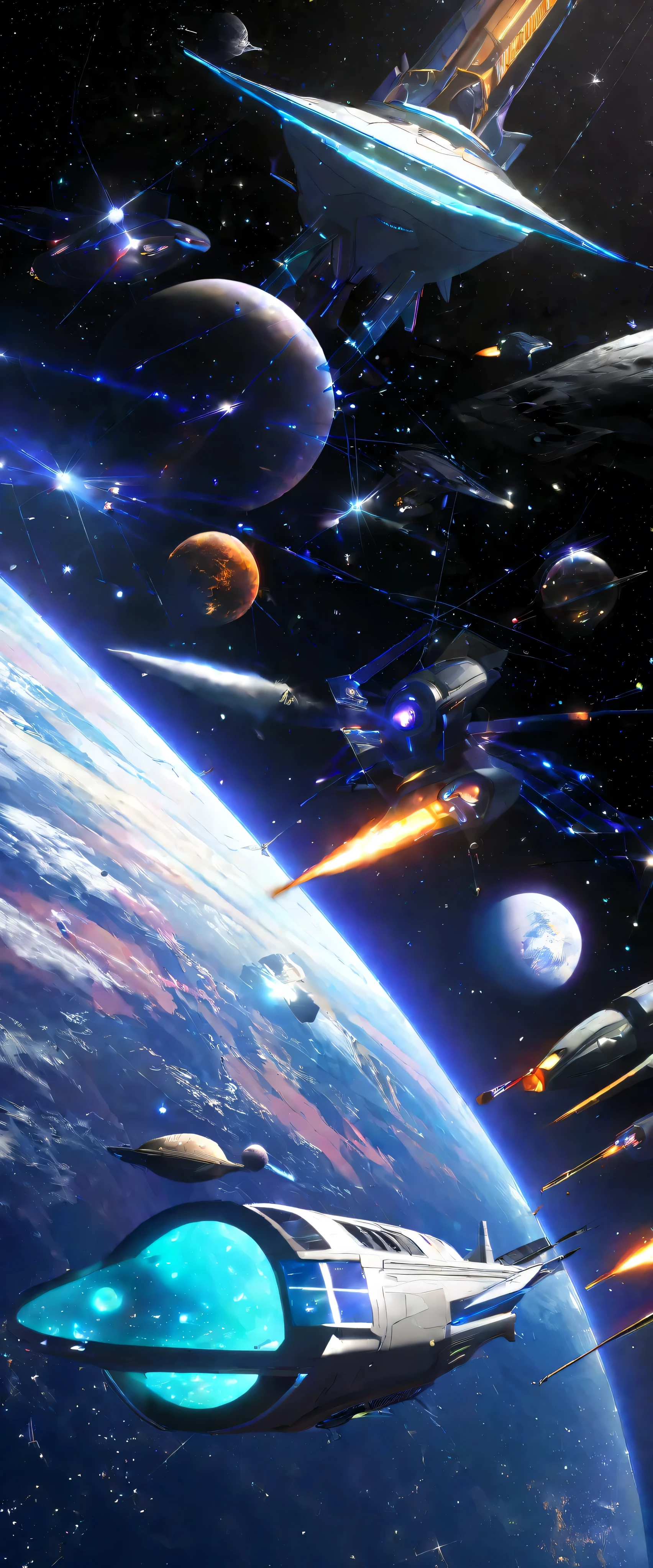 high-definition picture , cyberpunk anime 、Too big to see people、white spaceship、spaceship type Colony、 Fantasy、3d、 galaxy background 、 scenery of stars and comets