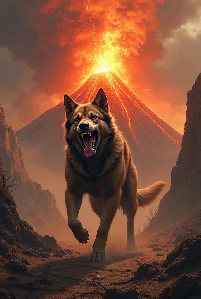 White wolf standing in front of volcano,The volcano ahead erupts with swirling magma,The sky is dark red,Away from the crater is endless black,In front of this white wolf, Countless beast-shaped black shadows rushed towards it,This white wolf was not afraid, And his eyes were firm,Flickering with a faint blue light,The big picture is oppressive and majestic。