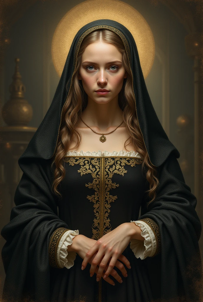 A solemn Queen Catherine of Aragon dressed in rich, dark velvet robes of the Tudor era, stands in the royal court of England, holding a rosary with a look of deep sadness as she faces the end of her marriage to Henry VIII, with grand, opulent pillars in the background; close-up shot in a dimly lit, ornate chamber, hyper-realistic, photo realism, cinematography. The camera lens size is 200mm, aperture setting f/4.5, and ISO 1600, with the medium being color photography.