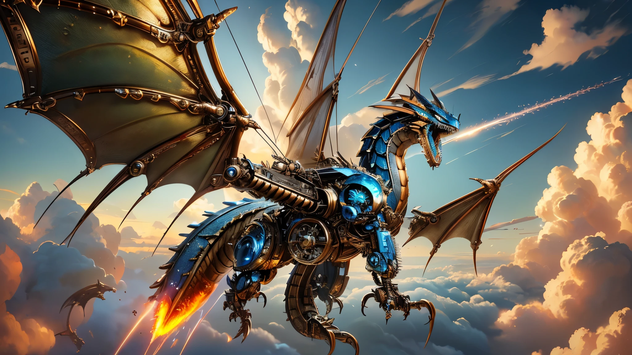 masterpiece, 8k wallpaper, 16k wallpaper, ultra high res, extreme detail and clarity, 1 dragon, (metallic blue and bronze mechanized clockwork dragon with canvas wings shooting a massive electric blast of energy from its jaws:1.5), full body shot , full body shot pov, (clockwork blue steel metallic mechanical dragon flying through the sky and clouds:1.5), (extremely metallic mechanized dragon with screws, bolts, hinges, and rivets:1.3),