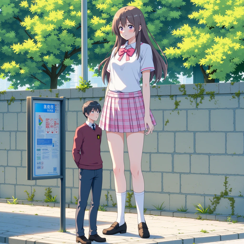 A sunny outdoor urban scene featuring a massive, towering schoolgirl standing on a sidewalk next to a much smaller adult man. The giantess has a youthful and elegant appearance, with long brown hair cascading down her shoulders. She is dressed in a crisp white school uniform shirt adorned with a pink ribbon, paired with a pink and white plaid pleated skirt. Her proportions are strikingly exaggerated, with her height being at least five times that of the man, making her loom over him with an almost ethereal presence. She wears black loafers with white socks that reach just below her knees, completing her schoolgirl look. The much smaller man, standing close to the giantess, is dressed in a burgundy sweater over a white shirt, with dark gray pants. He looks up at her with a curious or admiring gaze, emphasizing the stark height difference between the two. His posture is relaxed, standing confidently despite the overwhelming size of the woman before him. The background features a stone wall with visible weathering and moss near its base, contrasting with the lush green foliage of trees rising above it. A bus stop sign is positioned near the giantess, further enhancing the sense of scale as the sign barely reaches her knees. The lighting is bright and natural, casting soft shadows and highlighting the details of the characters' clothing and expressions. The perspective is eye-level with the man, emphasizing the towering height of the giantess and creating a sense of awe and wonder.