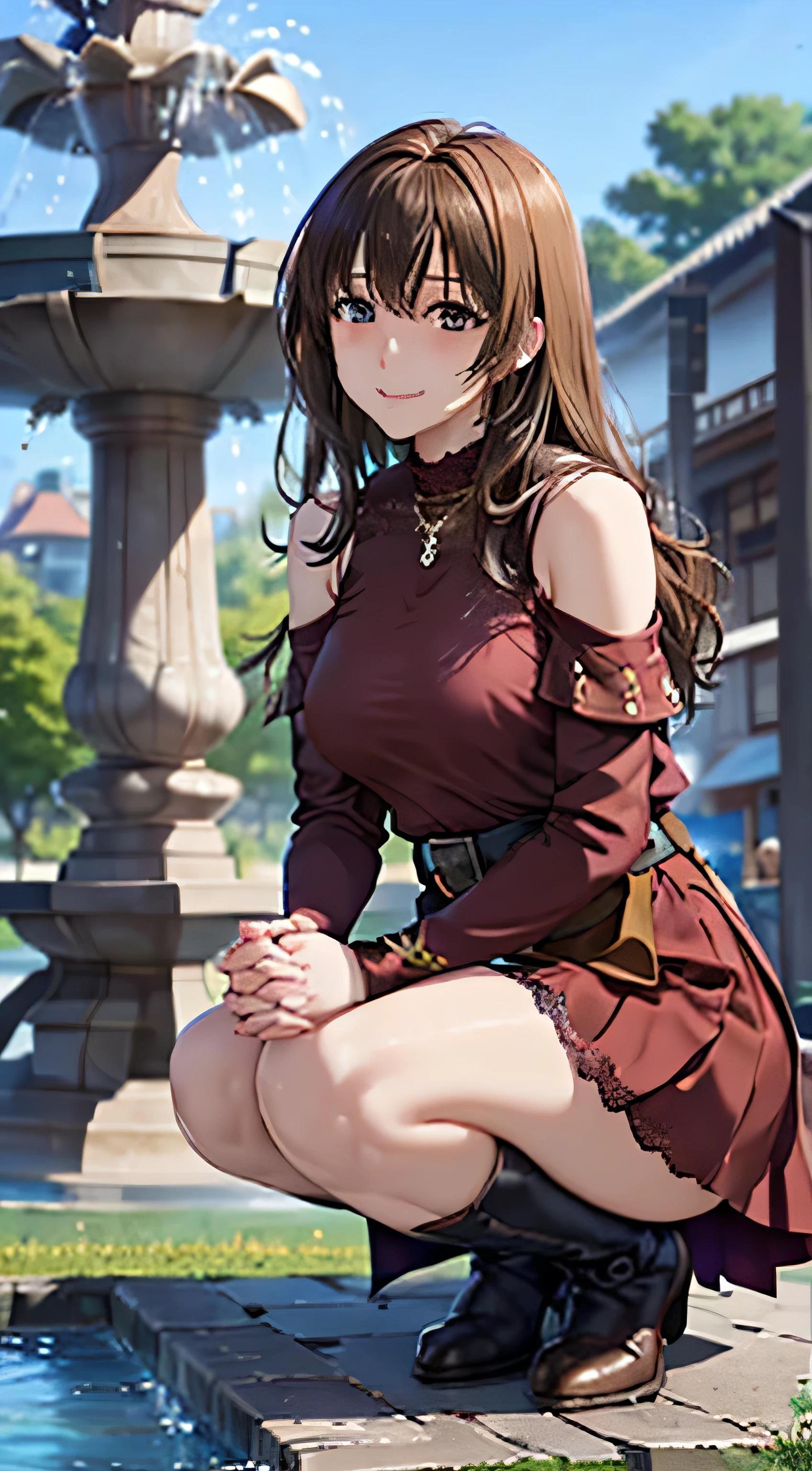 (( ,   top quality,  ,      Pixel Perfect  , 4K,))),    female 1  , 、 ((    medium wavy hair   、,     light brown hair 、 )), ((     brown eyes  ,       beautiful eyelashes ,     realistic   eyes)), ((      detailed face      , )), ((     Smooth Texture :0.75,     realistic   texture:0.65,     realistic  :1.1,      anime CG style)),        panties and close-up      ,      dynamic angles that can't go against pleasure  ,      perfect body , (( , ,, , , , Red and black dress  ,     red and black long flared skirt ,Gold arm and shoulder armor   、  The wind blows from below  、 style lift up the skirt、 Holding the Skirt with Both Hands 、 Knee-length boots  ,    pink lace panties、 , belt、 、)),  、     cross necklace     、 、 (Ancient castle town  、In front of a big fountain)、、、、 Sit in front of a fountain、 cute smile inside the Kyoden 、 ,Leaning forward and looking up 、、、、、、) 