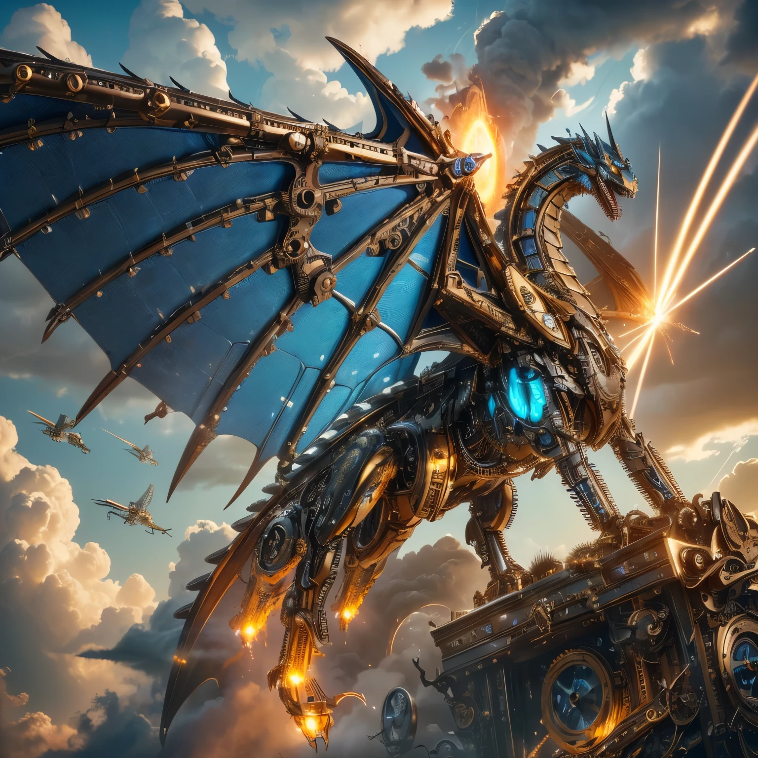 masterpiece, 8k wallpaper, 16k wallpaper, ultra high res, extreme detail and clarity, 1 dragon, (metallic blue and bronze mechanized clockwork dragon with canvas wings shooting a massive electric blast of energy from its jaws:1.5), full body shot , full body shot pov, (clockwork blue steel metallic mechanical dragon flying through the sky and clouds:1.5), (extremely metallic mechanized dragon with screws, bolts, hinges, and rivets:1.3),