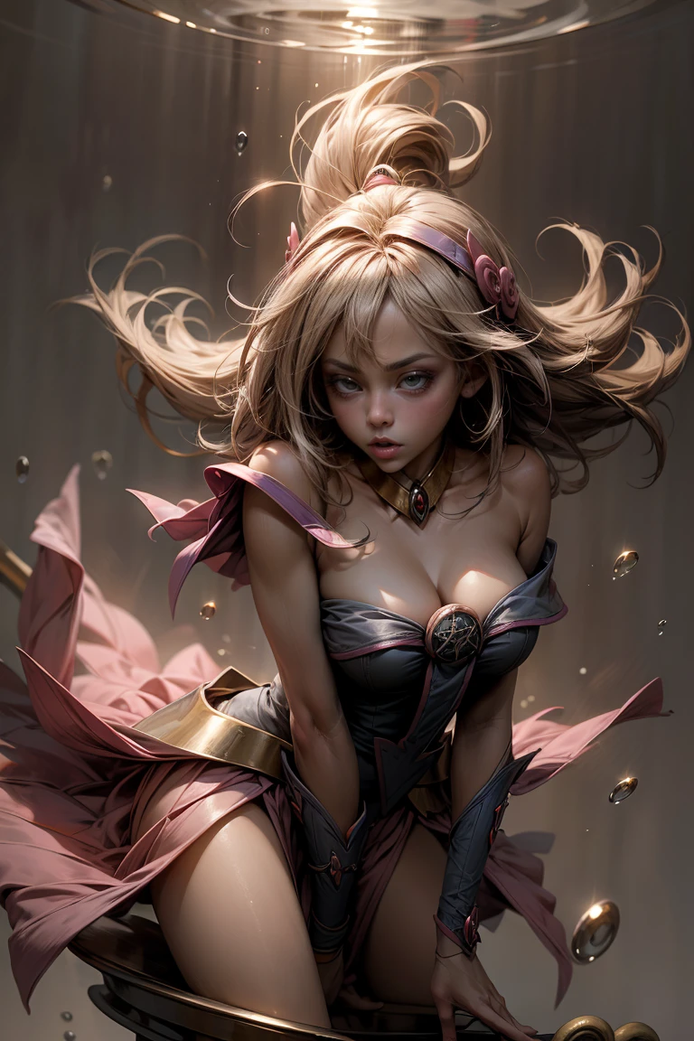 (masterpiece:1.2), (The best quality:1.2), perfect lighting, dark magician gils girl, Long blonde hair. in his twenties, arching her back in a sexy and seductive pose, accentuated super huge enormously big , neckline, beautiful open kimono, oni horns and hair ornaments, from above, cherry blossoms waving in the wind, very long red hair, sitting opening legs. Shinto shrine background, neckline profundo mostrando