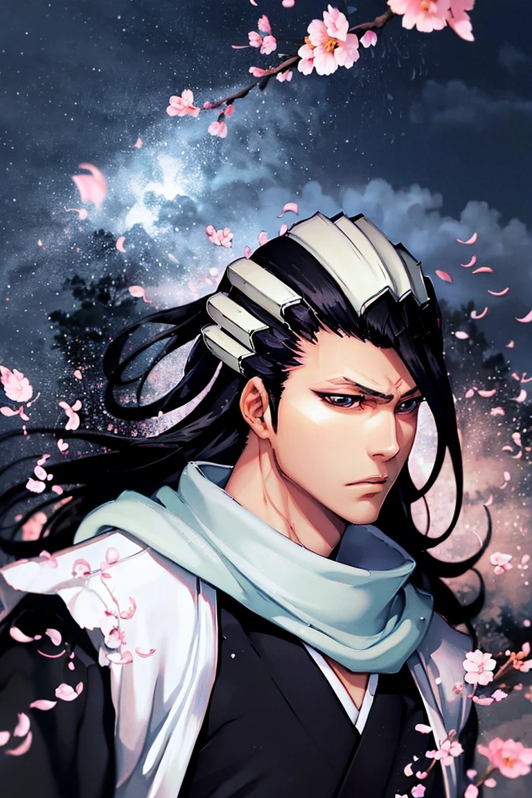 В полный рост, дальний план, вид сзади, вид со спины, kuchiki byakuya  ( anime character from anime bleach ),  handsome man ,  Elegance , Confident,  dramatic composition ,  long black hair ,  Calm facial expression,  flowing scarf ,  black and white outfit , night sky,  flying sakura flowers  ( around character ),  mysterious atmosphere ,  cinematic perspective, no facial hair ,  Anime style, элегантная поза,длинные струящиеся волосы,красивые, выразительные глаза, очень детально проработанное лицо и кожа,резкая фокусировка,яркие цвета