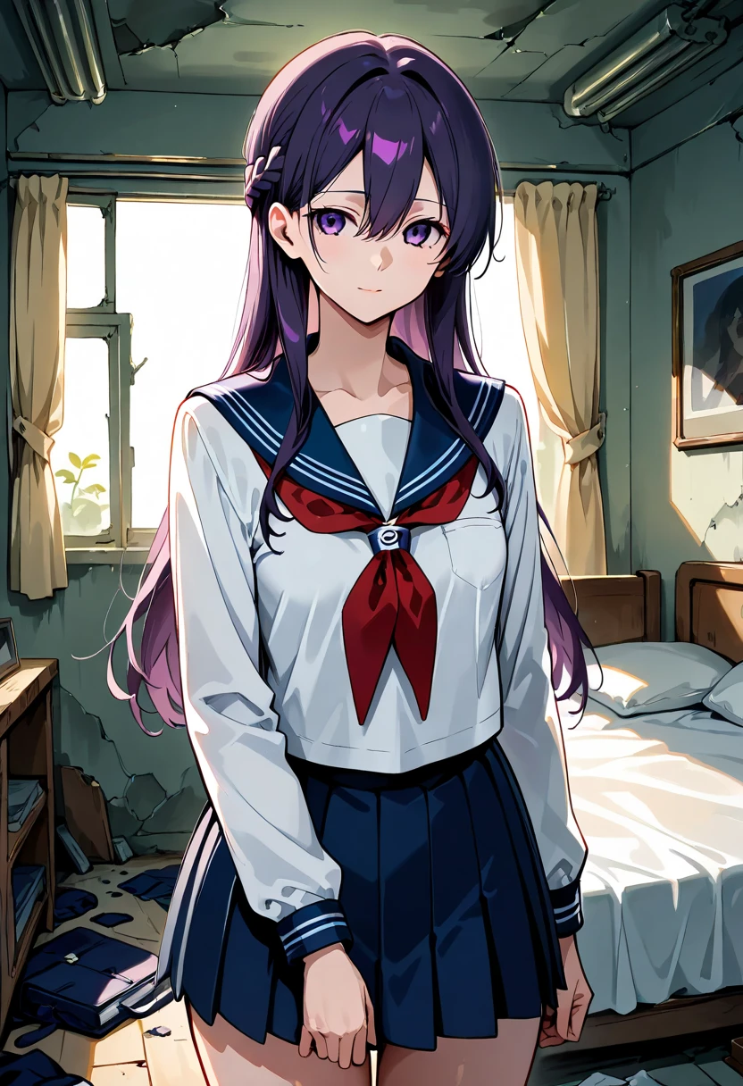  sailor suit,  Long Sleeve ,  short pleated skirt ,  RED NECKERCHIEF ,  Abandoned Bedroom, dark purple long hair, hairs between eyes, french braid, ((Tall Woman)), small breasts, slender,