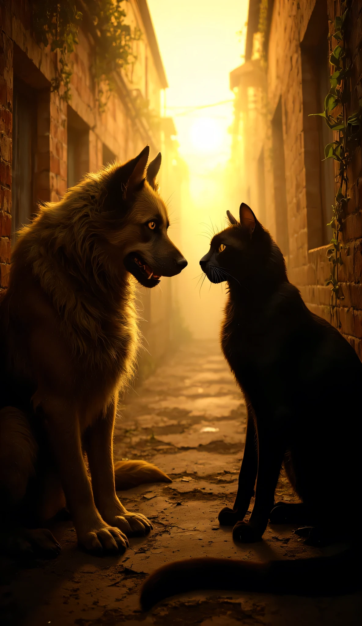 A detailed scene of a dog and a cat standing face-to-face in a narrow village alley. The setting is rustic, with old brick walls and scattered vegetation growing between the cracks. The dog, a medium-sized mixed breed with a shaggy coat, has its ears perked up and a tense posture, ready for a standoff. The cat, a sleek black feline with piercing yellow eyes, arches its back, fur bristling as it hisses in defiance. The atmosphere is intense, with dust particles visible in the golden rays of the setting sun, emphasizing the suspense between these two animals.