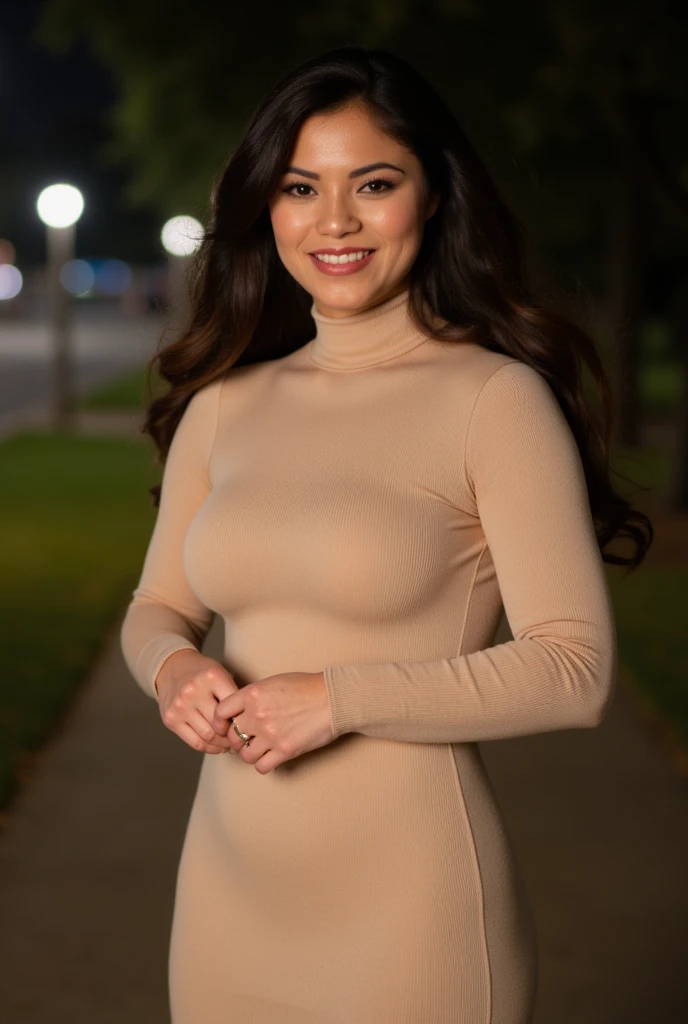 photo of S360_XxlaynaMarie,an attractive woman,in a (bar:1.1),wearing a (turtleneck-cyber-dress:1.1),(smiling),(4k, RAW photo, best quality, 35mm, depth of field, ultra high res:1.1),(absurdres, intricate, photorealistic, cinematic-shot, masterpiece, ultra-detailed:1.1),