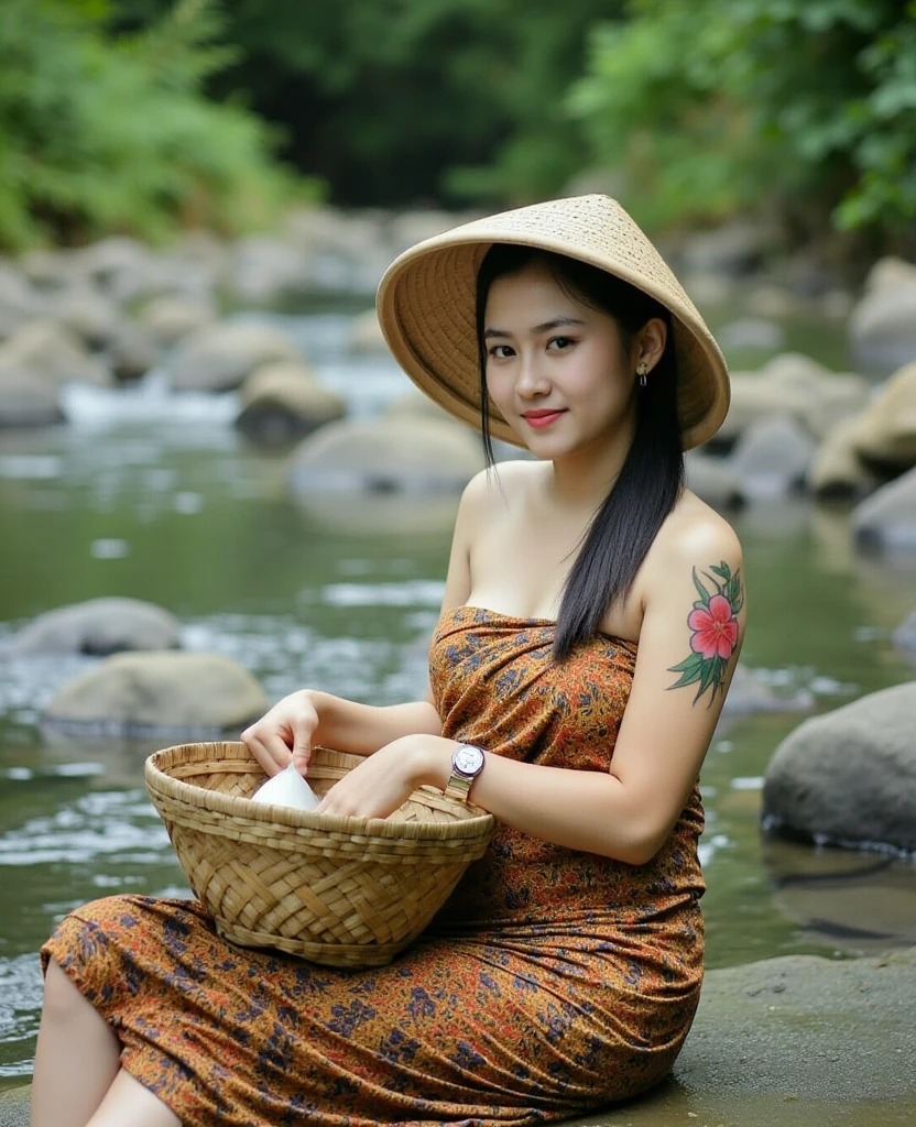 (masterpiece, best quality:1.2), 1 korean beautiful girl, solo, sarong_dress, ((large breasts:2)), Photo of Pretty Indonesian woman, ponytail, river, sitting, wearing hat, (red flower tattoos), holding the container