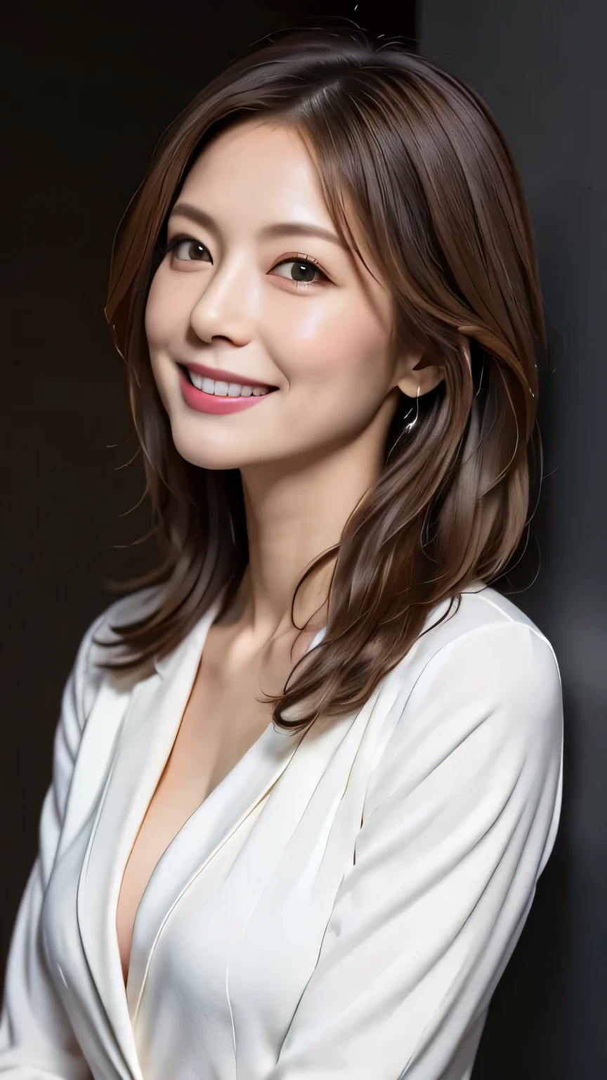 very detailed, Masterpiece , top quality, (( photorealistic:1.2)), (( Perfect Skinny Body :1.2))、Super skinny 40 year old woman , detailed face , beautiful detailed eyes 、(( Completely-valid)) 、(()), ( slim, toned and beautiful body:1.3)、((light brown hair 、 disheveled wavy long hair:1.1、 commemorative photos)), graceful and sophisticated 、goddess、(( Chest to Head ))、((white business jacket 、 Long Sleeve ))、((dark wall background ))、(( Fresh Smile :1.2))、(( Professional Cool Lighting))、 、 from side