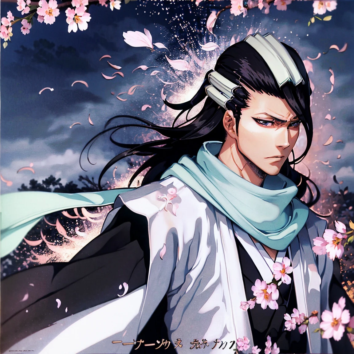 В полный рост, дальний план, вид сзади, вид со спины, kuchiki byakuya  ( anime character from anime bleach ),  handsome man ,  Elegance , Confident,  dramatic composition ,  long black hair ,  Calm facial expression,  flowing scarf ,  black and white outfit , night sky,  flying sakura flowers  ( around character ),  mysterious atmosphere ,  cinematic perspective, no facial hair ,  Anime style, элегантная поза,длинные струящиеся волосы,красивые, выразительные глаза, очень детально проработанное лицо и кожа,резкая фокусировка,яркие цвета