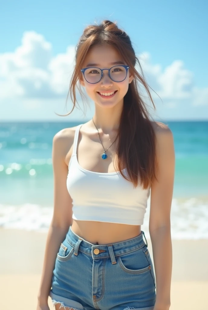 Beautiful young girl，Face lighting，最high quality， ((((Very smiling，White tank top，Denim mini skirt，Beautiful feet，sitting on the beach，Ocean)))，非常にBeautiful detailsな顔, (Slender body:1.4), (Detailed face:1.2), Conceptual Art, high quality, Realistic, Very detailed CG 統合 8k 壁紙, Very detailed, High resolution raw color photos, Professional photography, Cinematic Light, Beautiful details, Super detailed, Advanced Details, Depth of written boundary, Super stylish lighting, (Beautiful small chest:1.2), Smooth and flawless skin, Expressive and captivating eyes, Well-defined facial features, A perfectly balanced face, Fine Details and Realistic Textures，Blurred Background、Glasses with narrow frames