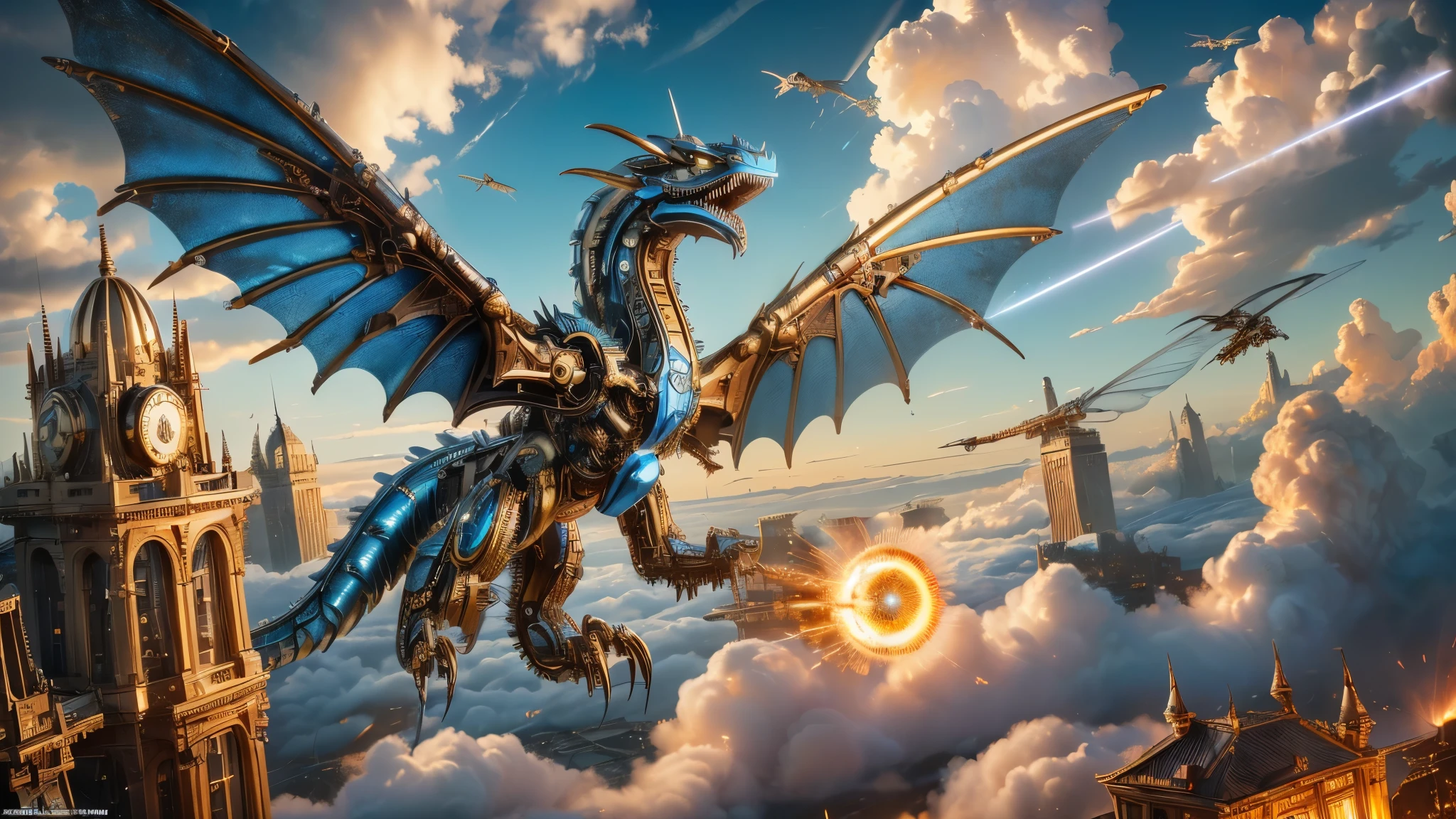 masterpiece, 8k wallpaper, 16k wallpaper, ultra high res, extreme detail and clarity, 1 dragon, (metallic blue and bronze mechanized clockwork dragon with canvas wings shooting a massive electric blast of energy from its jaws:1.5), full body shot , full body shot pov, (clockwork blue steel metallic mechanical dragon flying through the sky and clouds:1.5), (extremely metallic mechanized dragon with screws, bolts, hinges, and rivets:1.3),