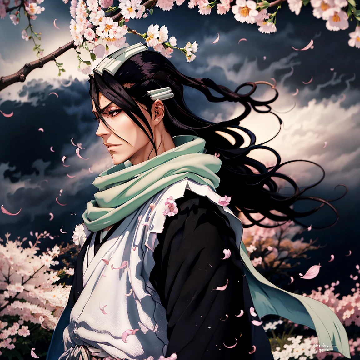 В полный рост, дальний план, вид сзади, вид со спины, kuchiki byakuya  ( anime character from anime bleach ),  handsome man ,  Elegance , Confident,  dramatic composition ,  long black hair ,  Calm facial expression,  flowing scarf ,  black and white outfit , night sky,  flying sakura flowers  ( around character ),  mysterious atmosphere ,  cinematic perspective, no facial hair ,  Anime style, элегантная поза,длинные струящиеся волосы,красивые, выразительные глаза, очень детально проработанное лицо и кожа,резкая фокусировка,яркие цвета