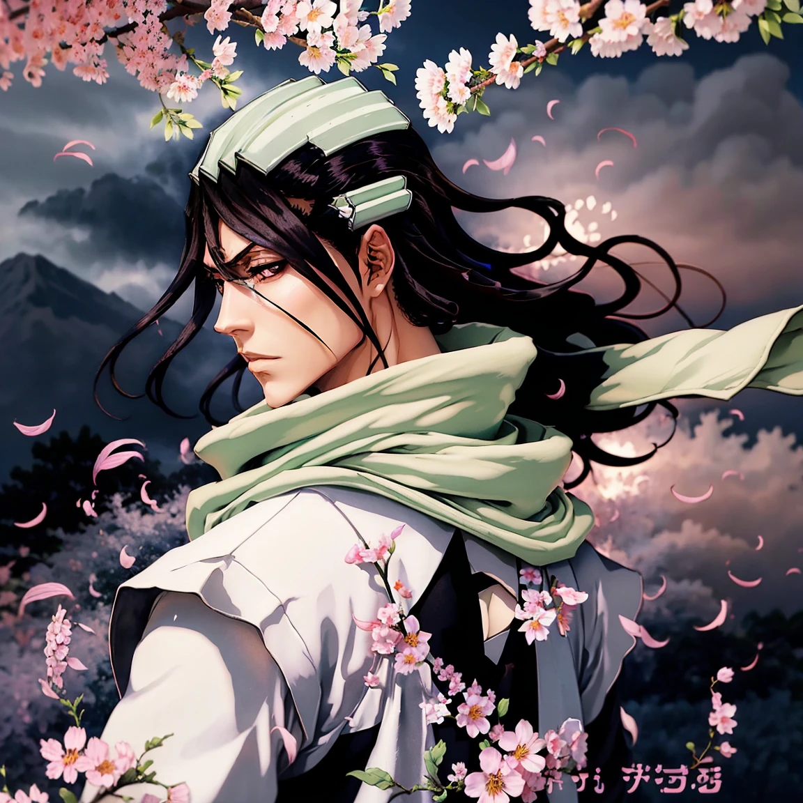 В полный рост, дальний план, вид сзади, вид со спины, kuchiki byakuya  ( anime character from anime bleach ),  handsome man ,  Elegance , Confident,  dramatic composition ,  long black hair ,  Calm facial expression,  flowing scarf ,  black and white outfit , night sky,  flying sakura flowers  ( around character ),  mysterious atmosphere ,  cinematic perspective, no facial hair ,  Anime style, элегантная поза,длинные струящиеся волосы,красивые, выразительные глаза, очень детально проработанное лицо и кожа,резкая фокусировка,яркие цвета