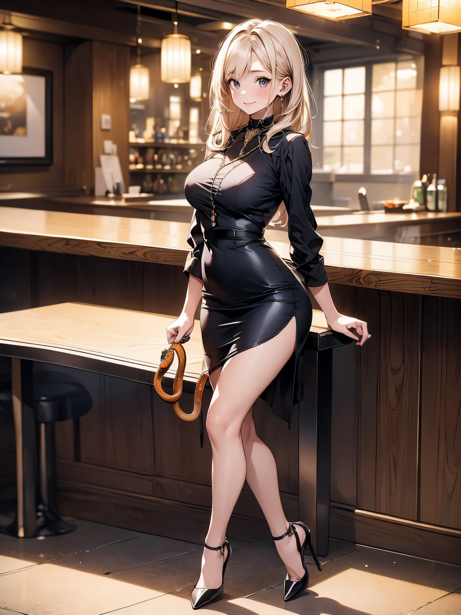 (masterpiece:1.3),(best quality, highest quality),((Full Body Shot,Including face)),1girl,Standing position,4K,masterpiece,((Focus on the face)),((Symmetrical facial features)),Beautiful woman,slender,Excellent style,Beautiful feet,((High heel long boots)),Detailed depiction of the face,(Panty shot),(dress),bar counter,Serving shaved ice,bartender,Realistic
