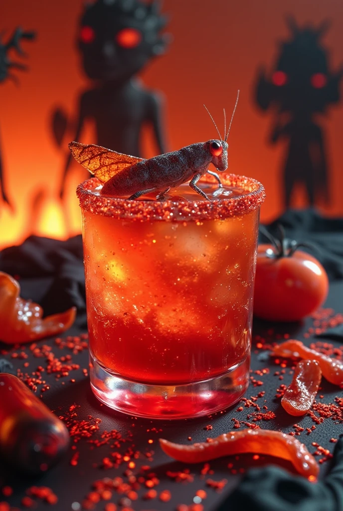 (best quality, 128k,highres,masterpiece:1.2),ultra-detailed,(realistic,photorealistic,photo-realistic:1.37), ((masterpiece)) ((photography)) ((Highest quality))  A horrifying cocktail titled "Souffle du Démon" served in a fiery, flame-patterned glass.  
The drink includes fermented fish sauce, ghost pepper extract, tomato juice, and a smoky bourbon base.  
The rim of the glass is lined with crushed red pepper flakes, and the drink is topped with a grilled grasshopper.  
Ingredients are laid out around the glass: a bottle of fish sauce, ghost peppers, tomatoes, bourbon, and dried grasshoppers.  
The background is a fiery inferno with demonic silhouettes.