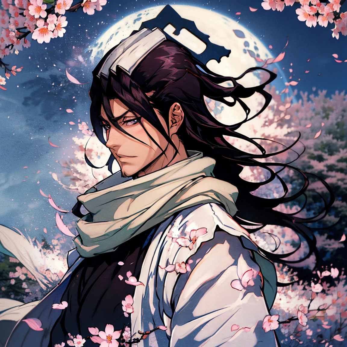 В полный рост, дальний план, вид сзади, вид со спины, kuchiki byakuya  ( anime character from anime bleach ),  handsome man ,  Elegance , Confident,  dramatic composition ,  long black hair ,  Calm facial expression,  flowing scarf ,  black and white outfit , night sky,  flying sakura flowers  ( around character ),  mysterious atmosphere ,  cinematic perspective, no facial hair ,  Anime style, элегантная поза,длинные струящиеся волосы,красивые, выразительные глаза, очень детально проработанное лицо и кожа,резкая фокусировка,яркие цвета