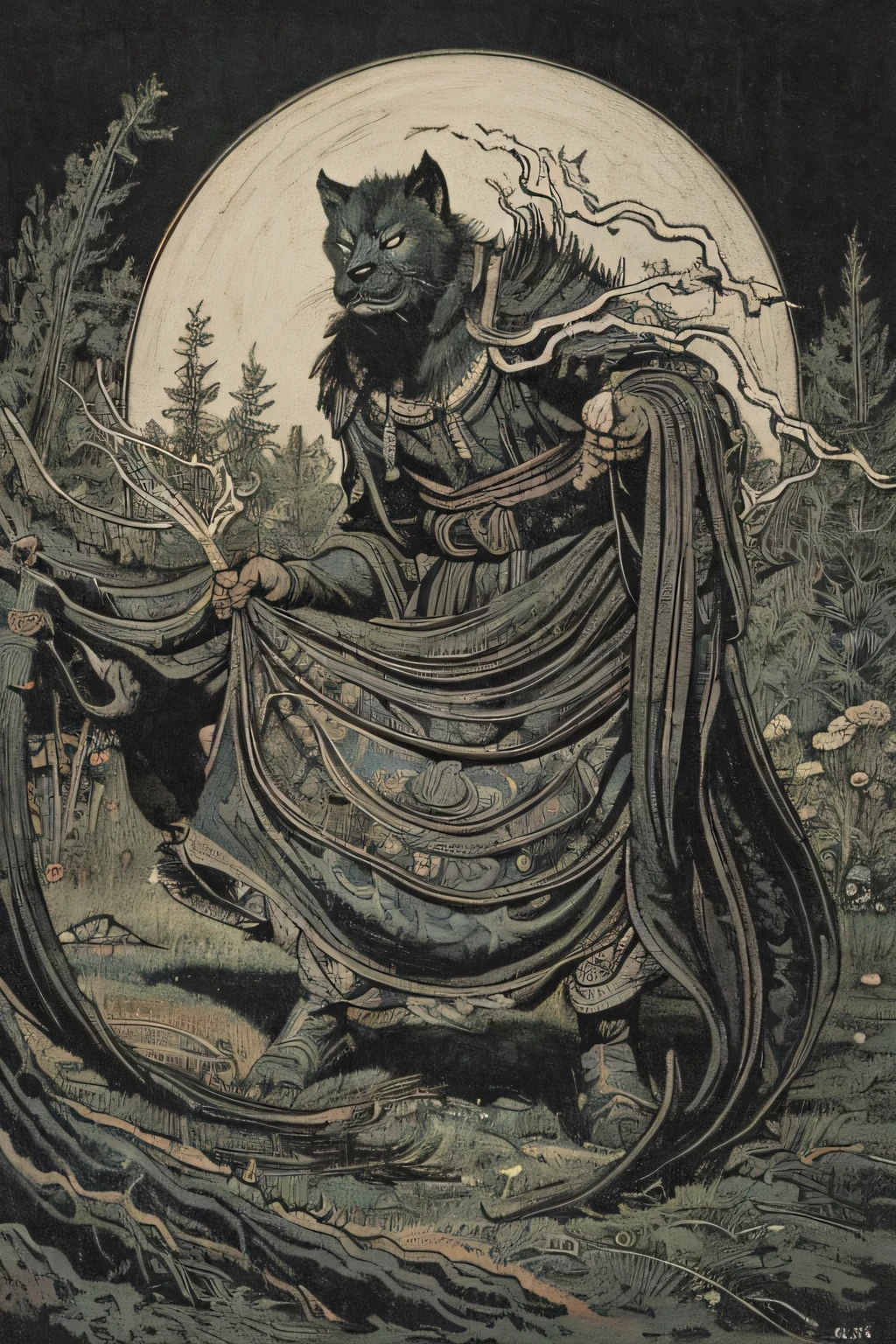 ((月night, night, Darkness)), ((A large number of beast-like monsters)), ((war)), ((Jumpscare)), outline warm color, ((festival)), ((Chojugiga)), ((Shihon Bokuga)), antique, (personality personification ), (Ink painting), Black and White Art , (Old paper style illustration), (Hunting Painting Style, Little Monster , Old performance, Variation pointillism, flat illustration , creepy, ( Horror elements), creepy worldview, ( Primitive art ), outline warm color, are styled like old picture scrolls, Old stage, Ancient mural style, Intense Movements , jump, ((low angle)), Hanfu, close up of face