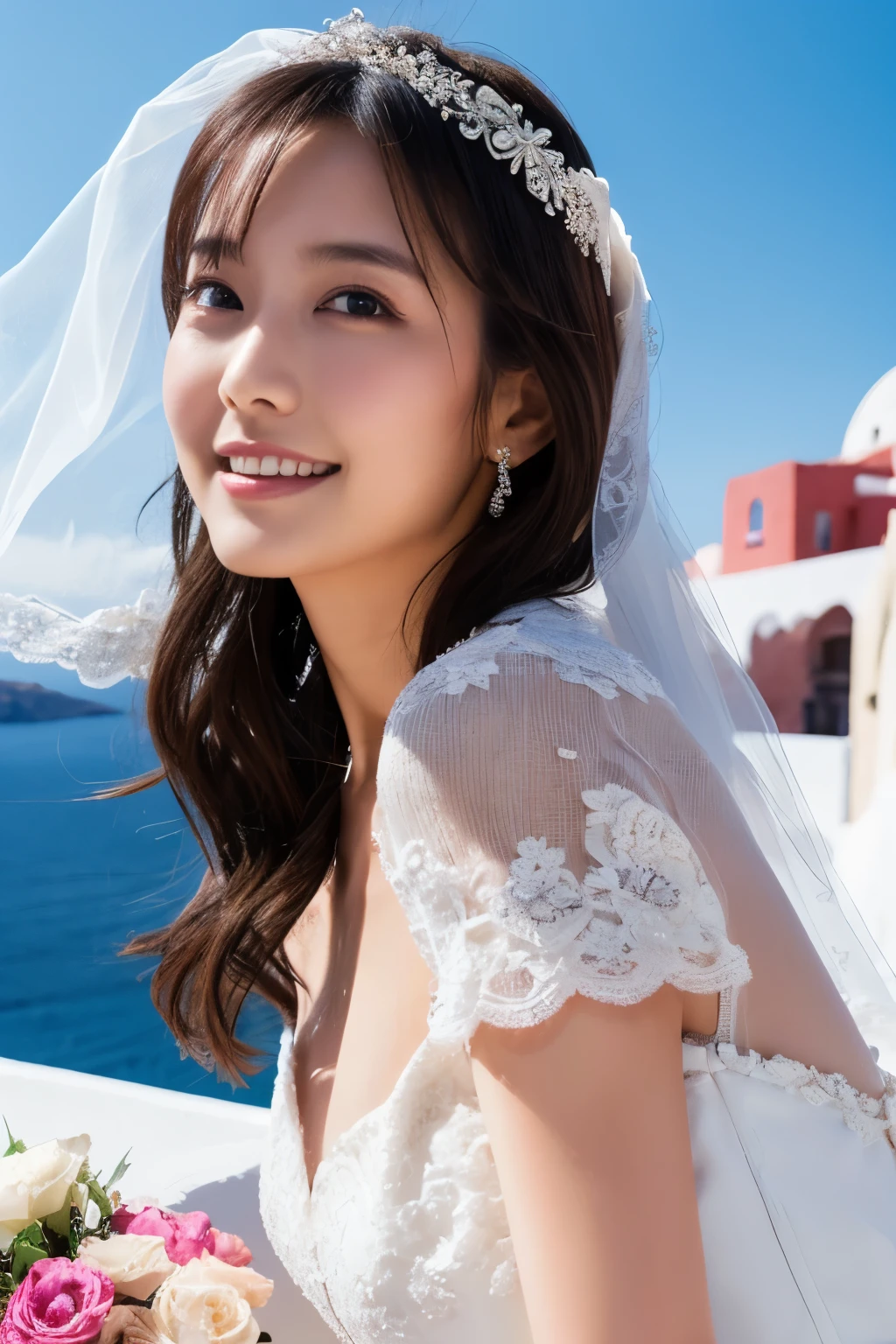 1 girl, ( wear a wedding dress:1.2), (Veil), very beautiful Japanese idol portrait, ( lying down ),
( RAW photos, top quality), ( realistic, realistic:1.4), (masterpiece),
very delicate and beautiful , very detailed, 2k wallpaper, amazing on the beach, finely, very detailed CG Unity 8K wallpaper, very detailed, high definition, Soft light,
girl with beautiful details wearing a navy blue blouse, very detailed目と顔, beautiful and sophisticated nose , beautiful beautiful eyes under the sun, movie lighting,
(Santorini church ), (bell), (Aegean Sea),
Perfect Anatomy , slender body, ( small breasts), (A shy smile), whole body
