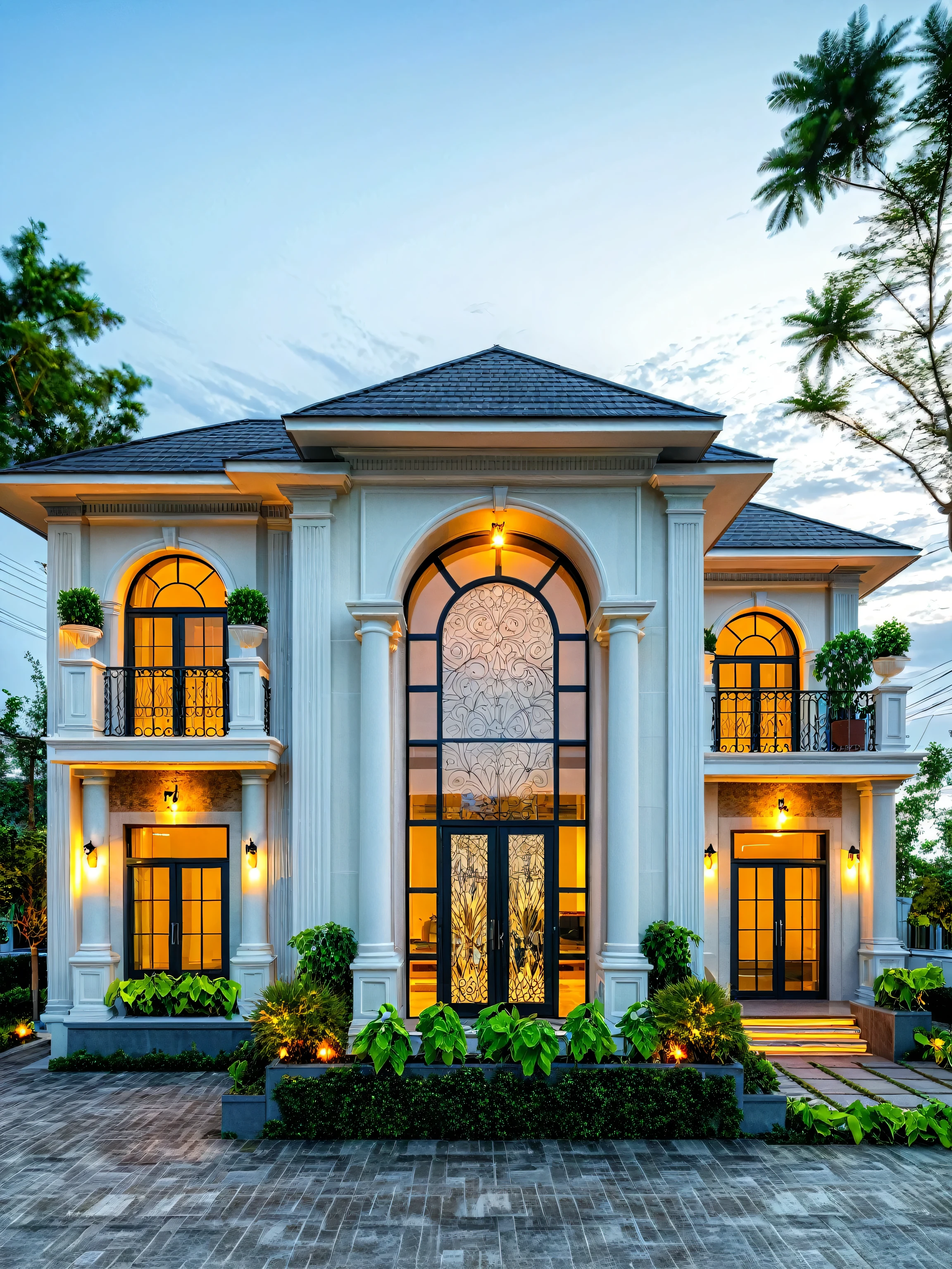 neo classical villa on street, (sunset), tropical tree, vivid colour, streetcapes, black detail, white wall, large glass door, warm interior lighting, wood and marble, best quality,