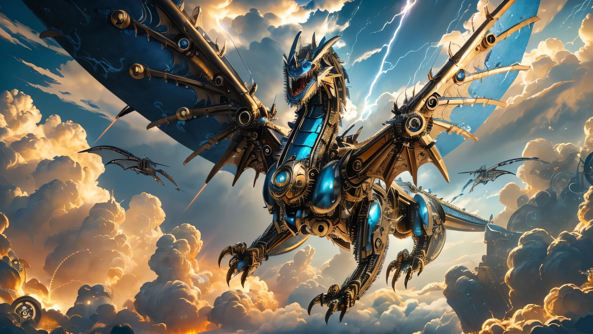 masterpiece, 8k wallpaper, 16k wallpaper, ultra high res, extreme detail and clarity, 1 dragon, (metallic blue and bronze mechanized clockwork dragon with canvas wings shooting a massive electric blast of energy from its jaws:1.5), full body shot , full body shot pov, (clockwork blue steel metallic mechanical dragon flying through the sky and clouds:1.5), (extremely metallic mechanized dragon with screws, bolts, hinges, and rivets:1.3),