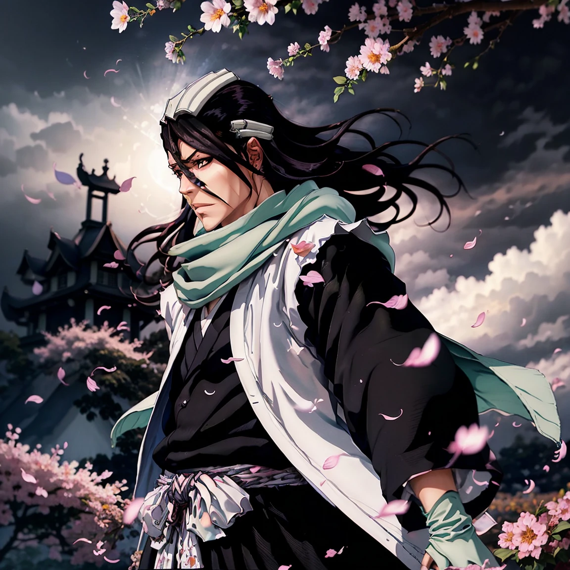 В полный рост, дальний план, вид сзади, вид со спины, kuchiki byakuya  ( anime character from anime bleach ),  handsome man ,  Elegance , Confident,  dramatic composition ,  long black hair ,  Calm facial expression,  flowing scarf ,  black and white outfit , night sky,  flying sakura flowers  ( around character ),  mysterious atmosphere ,  cinematic perspective, no facial hair ,  Anime style, элегантная поза,длинные струящиеся волосы,красивые, выразительные глаза, очень детально проработанное лицо и кожа,резкая фокусировка,яркие цвета, solo