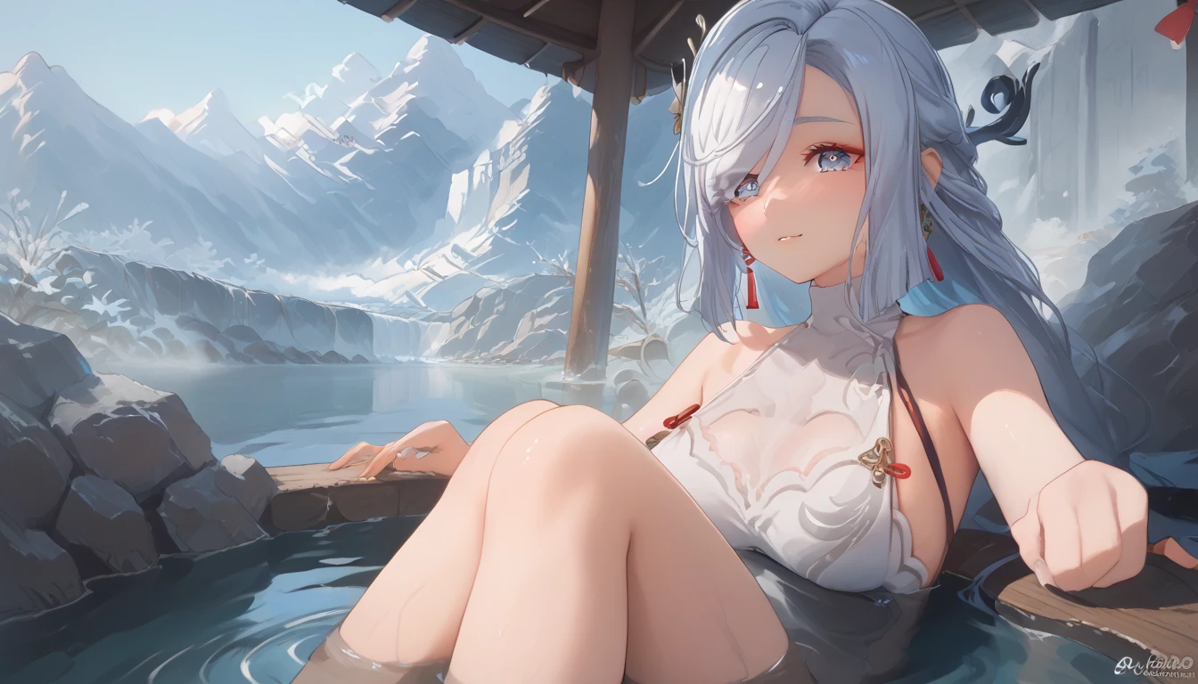  masterpiece， high resolution on the bench，Anime Art，Anime Numbers， 4k anime wallpaper，Soft Light， radiant skin， unique ， close-up shot ，An anime girl， blush，Soaking in a hot spring， silver hair ，bath towel，foot， Steaming ，gradient blue eyes，A distant view of a snowy mountain 