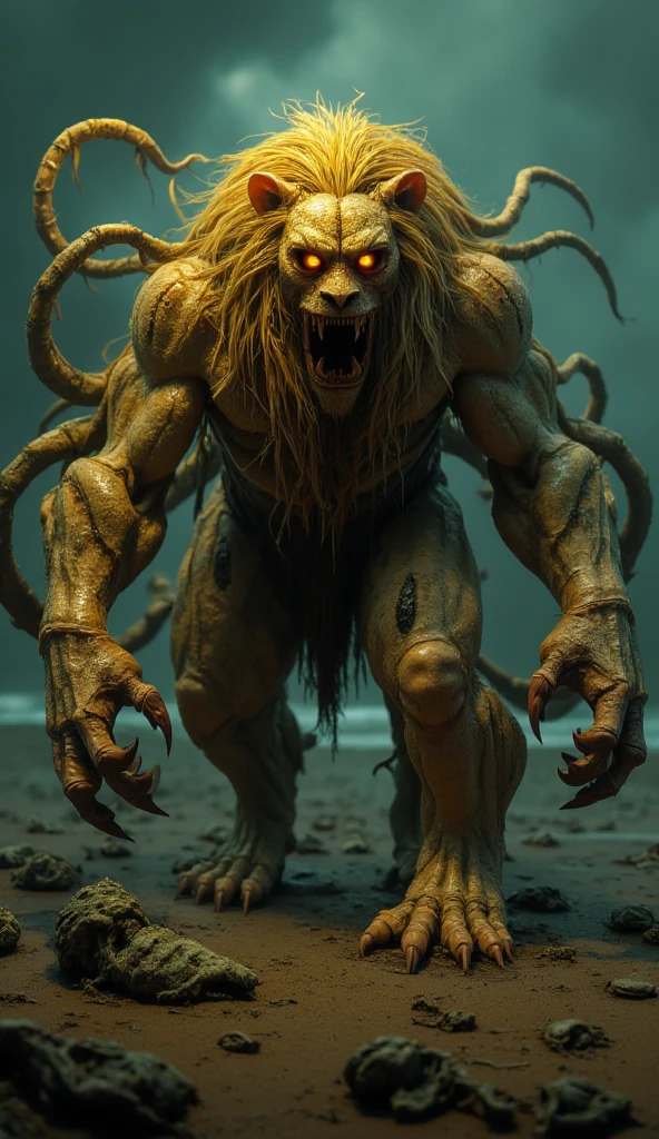 A terrifying hybrid of a lion and an octopus stands menacingly on the same cinematic beach. This creature combines the muscular, powerful body of a lion with eight massive, sinewy tentacles extending from its sides. Its golden mane flows seamlessly into slick, bioluminescent tentacles that pulse with an eerie glow. The hybrid's face is a haunting blend of feline sharpness and aquatic alienness, with glowing eyes that pierce through the dim light of the setting sun. Its body is covered in a textured mix of fur and glossy, scale-like patches, giving it an otherworldly appearance. As the creature moves, the tentacles dig into the sand, leaving deep grooves, while its leonine paws crush shells and small rocks underfoot, exuding an overwhelming aura of power and danger.