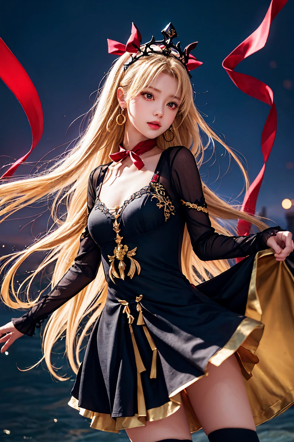 score_9, score_8_ up, score_7_ up, source_Anime,
Ereshkigal, Ereshkigal, long hair, Blonde, very long hair, two side up, tiara , red eyes, ribbon, hair ribbon, red ribbon, split bang,
thigh-length socks , dress, jewelry, earrings, black dress, single rhinoceros, asymmetrical leg costume, Uneven Leg Clothes , single sleeve that grabs air , Spine,
Watching Viewers , COWBOY SHOOTING , dynamic pose ,Underworld