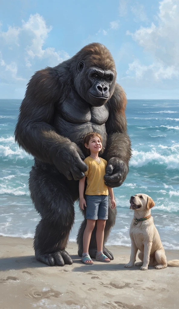 A very kind gorilla is standing with a girl and a  on the ocean shore