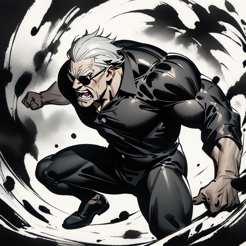 Top quality, masterpiece, high resolution, 8k,Ink painting, black and white,Strong Man Style,Strong Old Man ,mafia-style man, silver hair, purple eyes, full body black armored bodysuit,roar, cross your arms a little,black sunglasses,black coclose-up