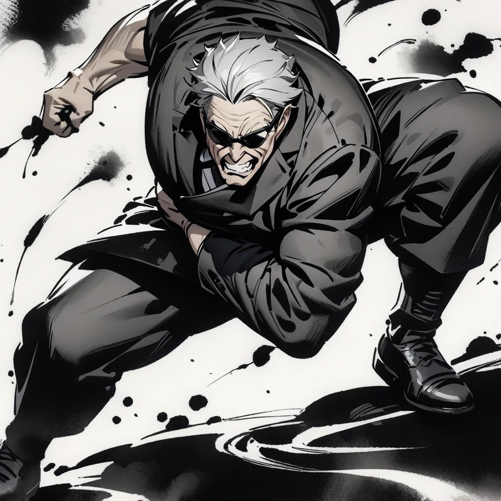 Top quality, masterpiece, high resolution, 8k,Ink painting, black and white,Strong Man Style,Strong Old Man ,mafia-style man, silver hair, purple eyes, full body black armored bodysuit,roar, cross your arms a little,black sunglasses,black coclose-up