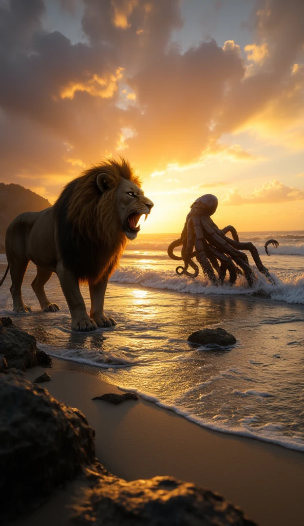 A dramatic and cinematic scene of a lion and an octopus facing each other on a secluded beach. The lion, with a majestic golden mane blowing in the ocean breeze, stands firmly on the soft sand, its powerful muscles tensed as it roars. Opposite it, the octopus emerges from the shallow waves, its eight tentacles coiled and ready, glistening under the sunlight with a glossy texture. The beach features rugged rocks, gentle waves, and a horizon painted with hues of orange and purple from the setting sun. The atmosphere is tense, the clash between land and sea symbolized by these two formidable creatures in a moment of confrontation.