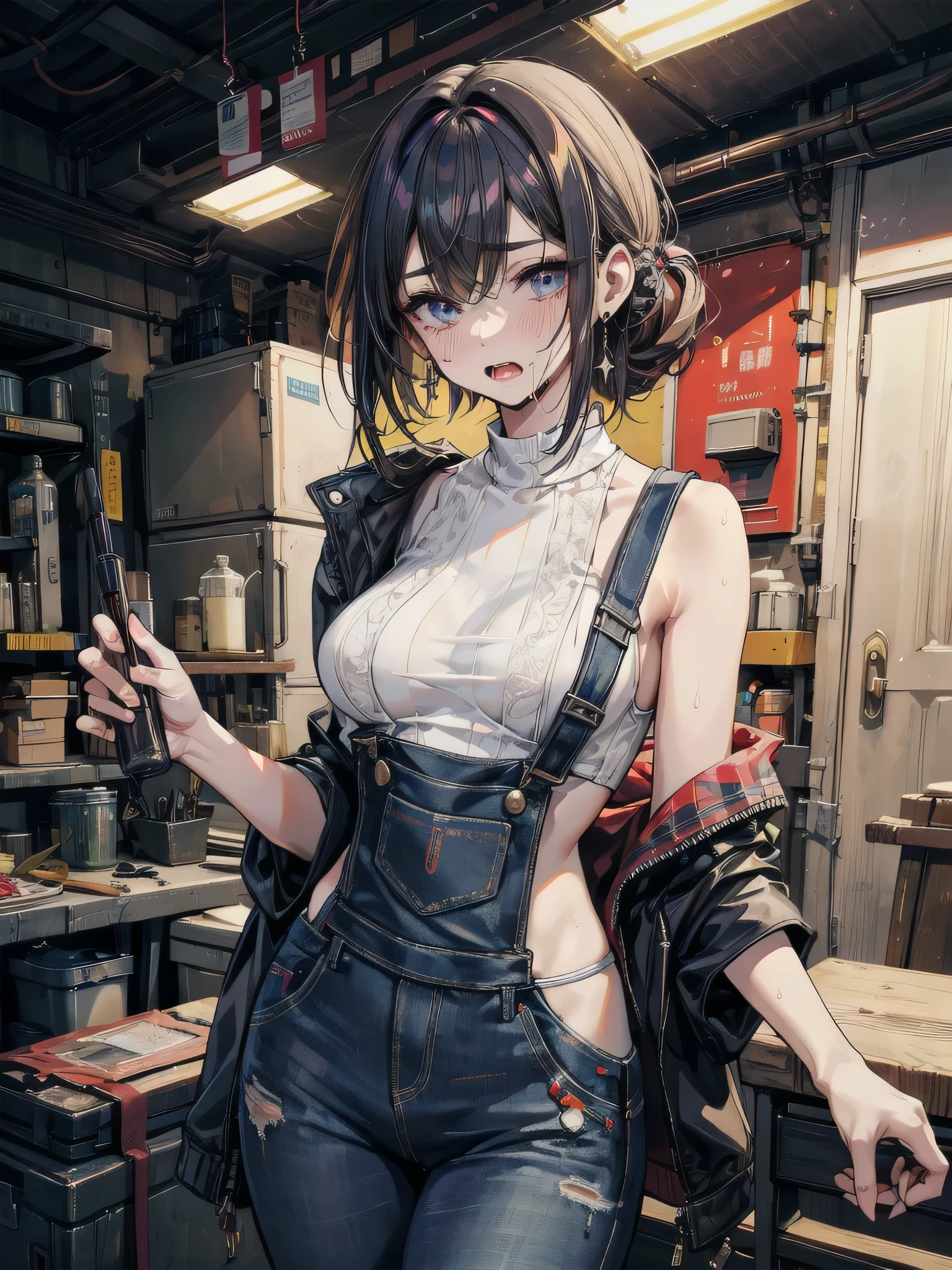 ((best quality)), ((highly detailed)), masterpiece, , (1girl), cowboy shot, ((wide shot)), mechanic, short hair, ((dirty, dirty face)), sweat, small breasts, smiling, overalls, cleavage, belt, pants, gloves, boots, wrench, (inside, in a stairway), <lora:frengV8:1>