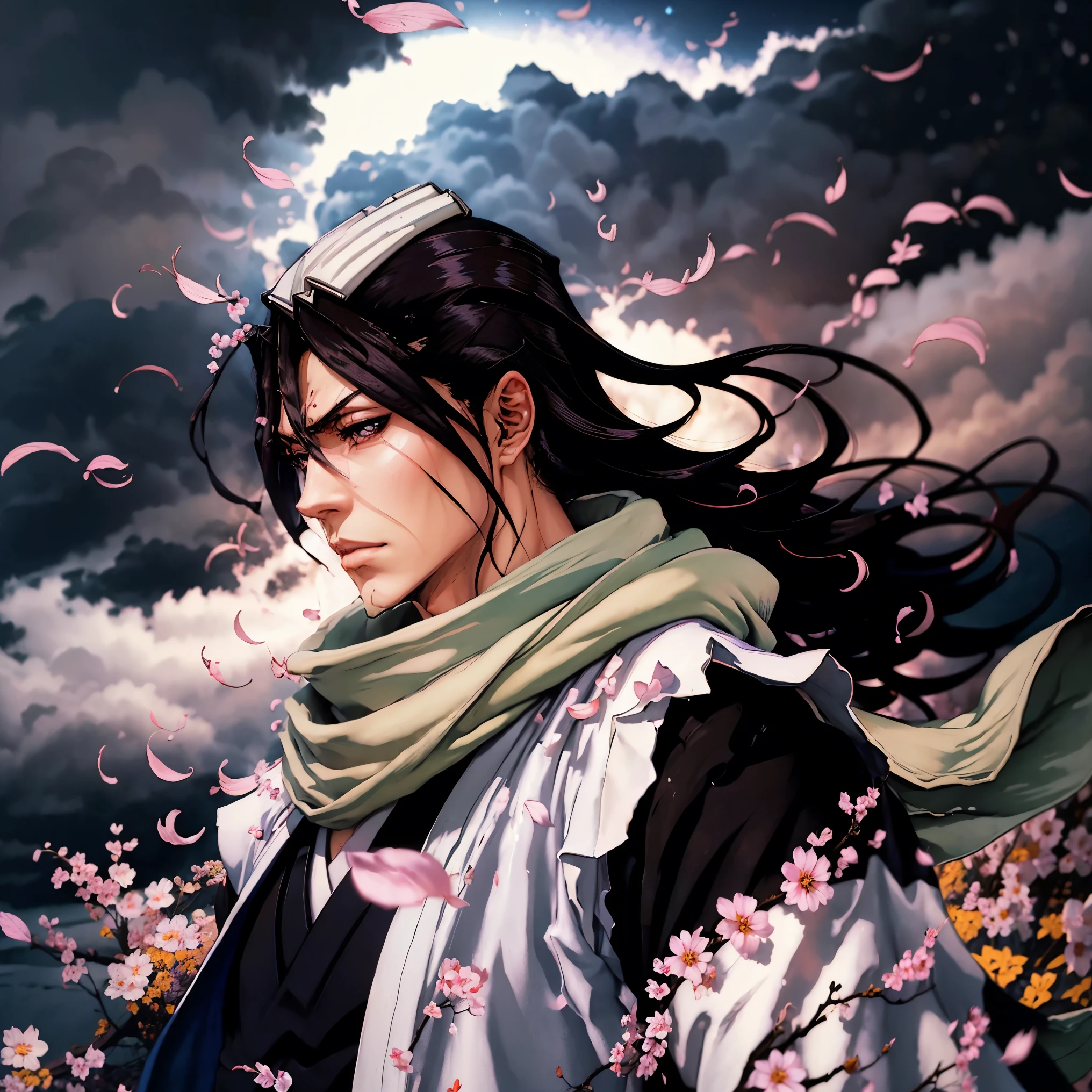 В полный рост, дальний план, вид сзади, вид со спины, kuchiki byakuya  ( anime character from anime bleach ),  handsome man ,  Elegance , Confident,  dramatic composition ,  long black hair ,  Calm facial expression,  flowing scarf ,  black and white outfit , night sky,  flying sakura flowers  ( around character ),  mysterious atmosphere ,  cinematic perspective, no facial hair ,  Anime style, элегантная поза,длинные струящиеся волосы,красивые, выразительные глаза, очень детально проработанное лицо и кожа,резкая фокусировка,яркие цвета, solo