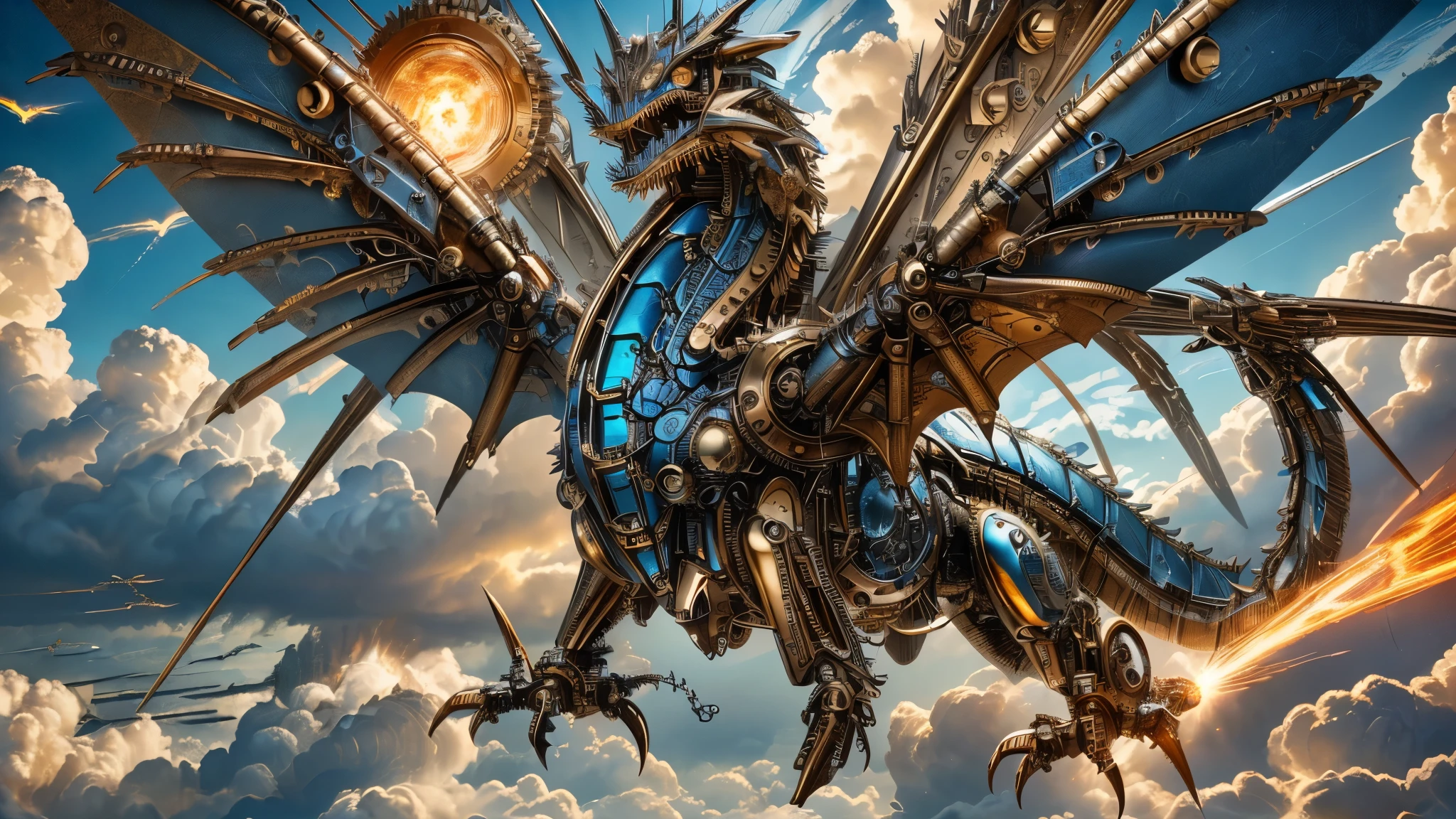 masterpiece, 8k wallpaper, 16k wallpaper, ultra high res, extreme detail and clarity, 1 dragon, (metallic blue and bronze mechanized clockwork dragon with canvas wings shooting a massive electric blast of energy from its jaws:1.5), full body shot , full body shot pov, (clockwork blue steel metallic mechanical dragon flying through the sky and clouds:1.5), (extremely metallic mechanized dragon with screws, bolts, hinges, and rivets:1.3),