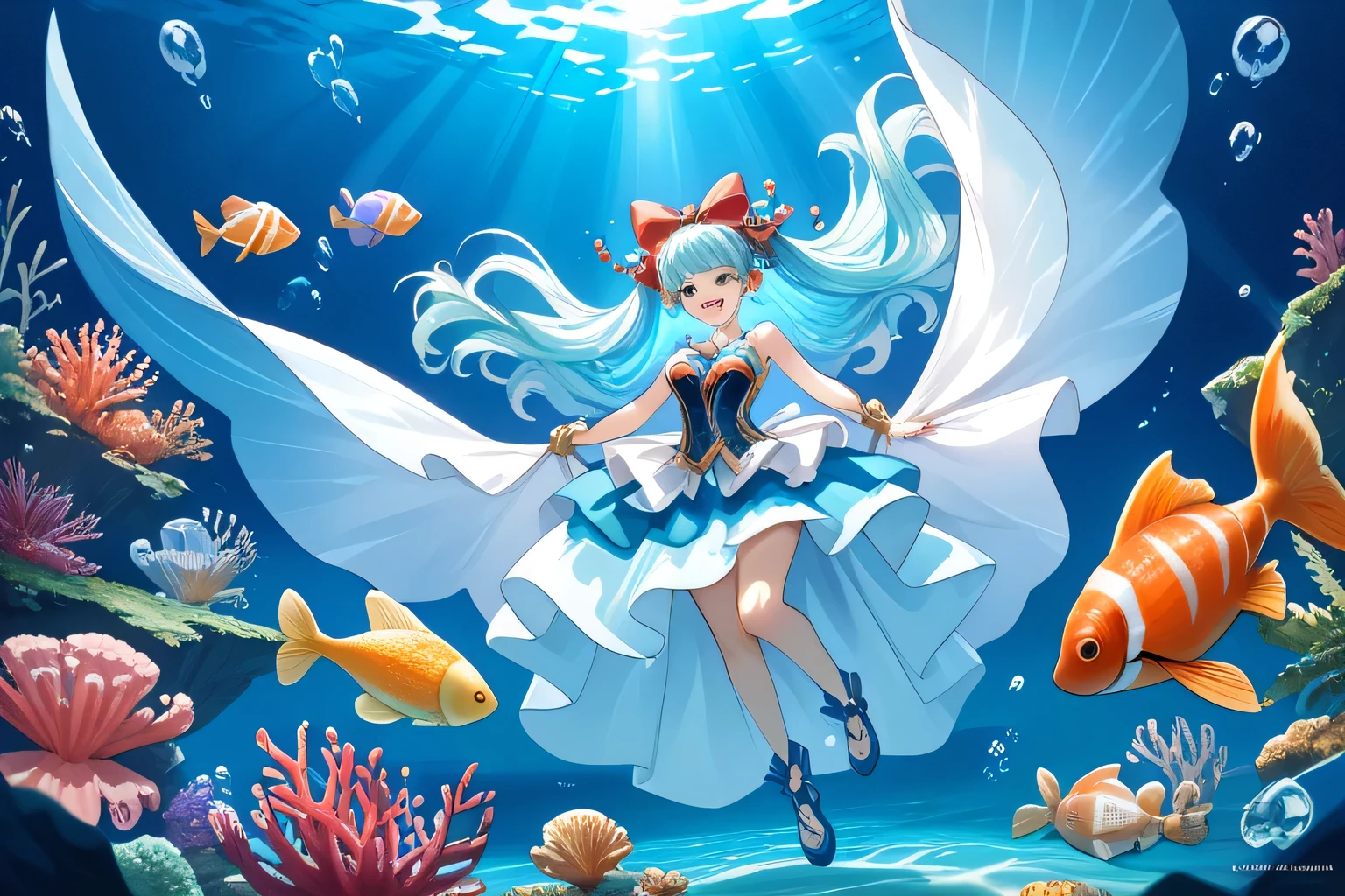 VTuber Character。Her hair is wavy and curly、Small shells and pearls are adorned here and there.。The outfit is designed to resemble the flow of light water.、A transparent cloth is wrapped around the shoulders and waist.。In the background、Transparent water bubbles and coral reefs spread out、Creates a fantastic atmosphere。
