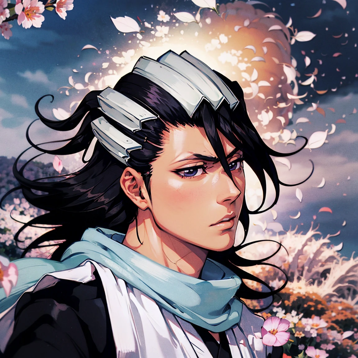 В полный рост, дальний план, вид сзади, вид со спины, kuchiki byakuya  ( anime character from anime bleach ),  handsome man ,  Elegance , Confident,  dramatic composition ,  long black hair ,  Calm facial expression,  flowing scarf ,  black and white outfit , night sky,  flying sakura flowers  ( around character ),  mysterious atmosphere ,  cinematic perspective, no facial hair ,  Anime style, элегантная поза,длинные струящиеся волосы,красивые, выразительные глаза, очень детально проработанное лицо и кожа,резкая фокусировка,яркие цвета, solo