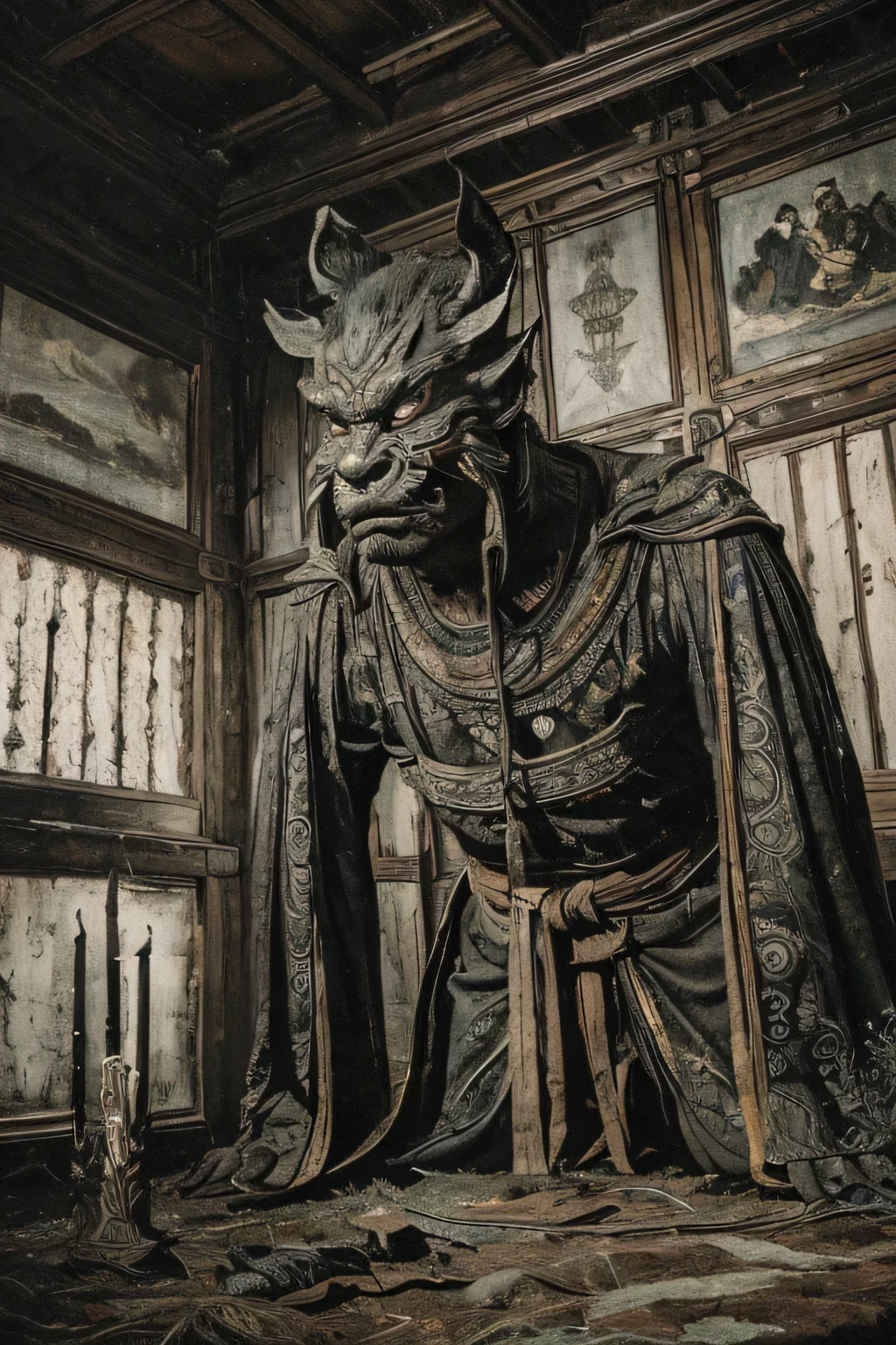 ((月night, night, Darkness)), ((A large number of beast-like monsters)), ((war)), ((Jumpscare)), outline warm color, ((festival)), ((Chojugiga)), ((Shihon Bokuga)), antique, (personality personification ), (Ink painting), Black and White Art , (Old paper style illustration), (Hunting Painting Style, Little Monster , Old performance, Variation pointillism, flat illustration , creepy, ( Horror elements), creepy worldview, ( Primitive art ), outline warm color, are styled like old picture scrolls, Old stage, Ancient mural style, ((low angle)), Hanfu, ((Old-fashioned indoor , A large number of candles in the room))