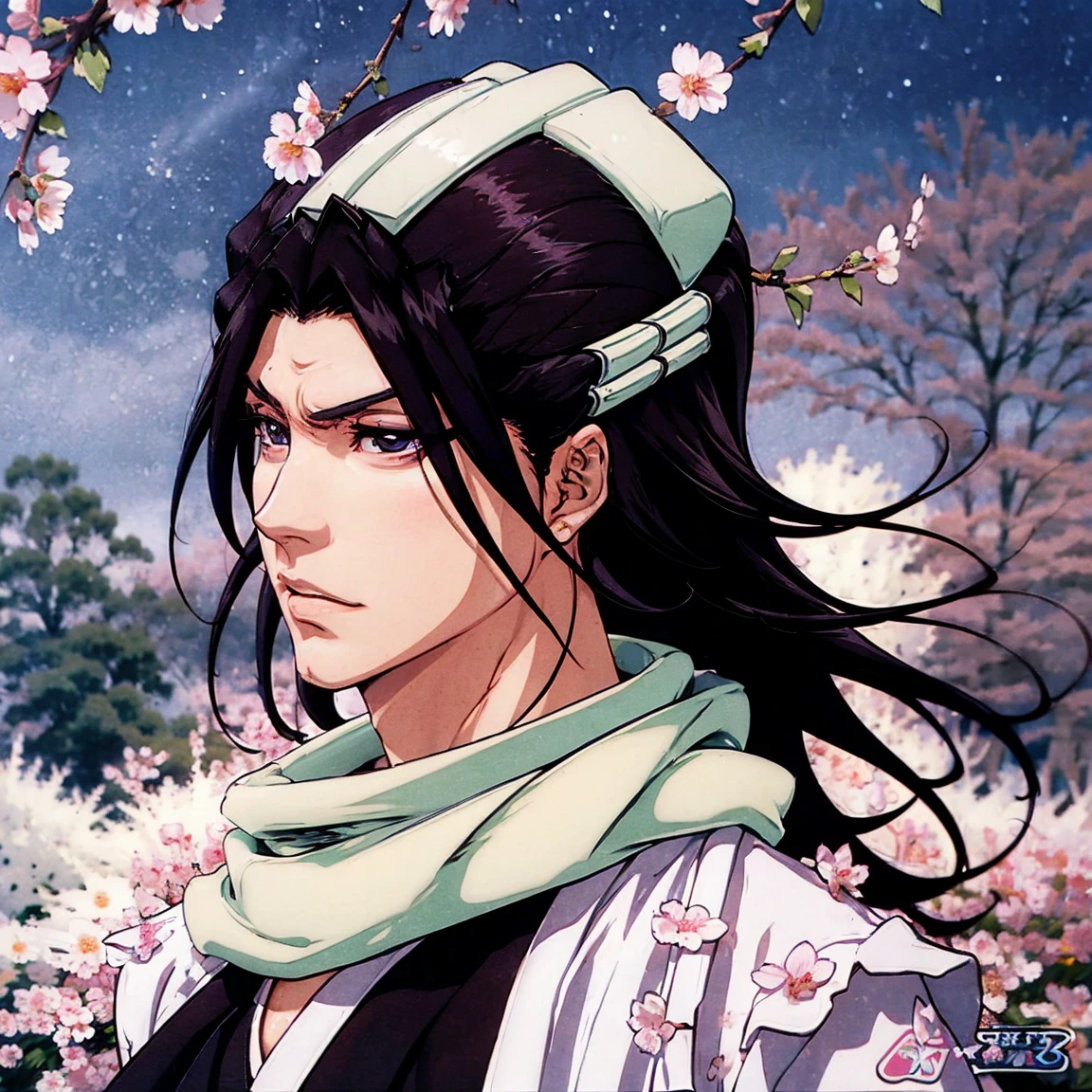 В полный рост, дальний план, вид сзади, вид со спины, kuchiki byakuya  ( anime character from anime bleach ),  handsome man ,  Elegance , Confident,  dramatic composition ,  long black hair ,  Calm facial expression,  flowing scarf ,  black and white outfit , night sky,  flying sakura flowers  ( around character ),  mysterious atmosphere ,  cinematic perspective, no facial hair ,  Anime style, элегантная поза,длинные струящиеся волосы,красивые, выразительные глаза, очень детально проработанное лицо и кожа,резкая фокусировка,яркие цвета, solo