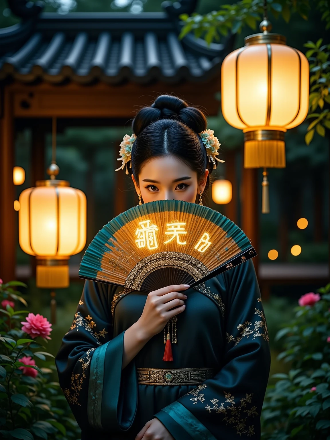  This is a surreal portrait ， depicts a luxurious 、Futuristic、 A sophisticated Chinese woman standing in a high-tech garden illuminated by soft nighttime lighting。 She holds an extraordinary bionic fan ， made of a flexible light-emitting LED panel ， with glowing Chinese characters ， emits mysterious fluorescence 。 The fan covers part of her face ，, you can only see her sharp and expressive eyes ，Exudes elegance and mystery， and her quasi-bionic hairstyle inspired by Chinese alien galaxy culture 。In the background， The garden is complemented by subtle futuristic elements ， like holographic flowers and softly glowing paths ， all bathed in warmth In the golden light ， reminiscent of a traditional lantern ， but has unprecedented futuristic modernity 、The beauty of fashion 。 This atmosphere conveys a seamless combination of traditional elegance and cutting-edge bionic technology ， highlights tradition and tradition The fascinating interaction of innovation 。