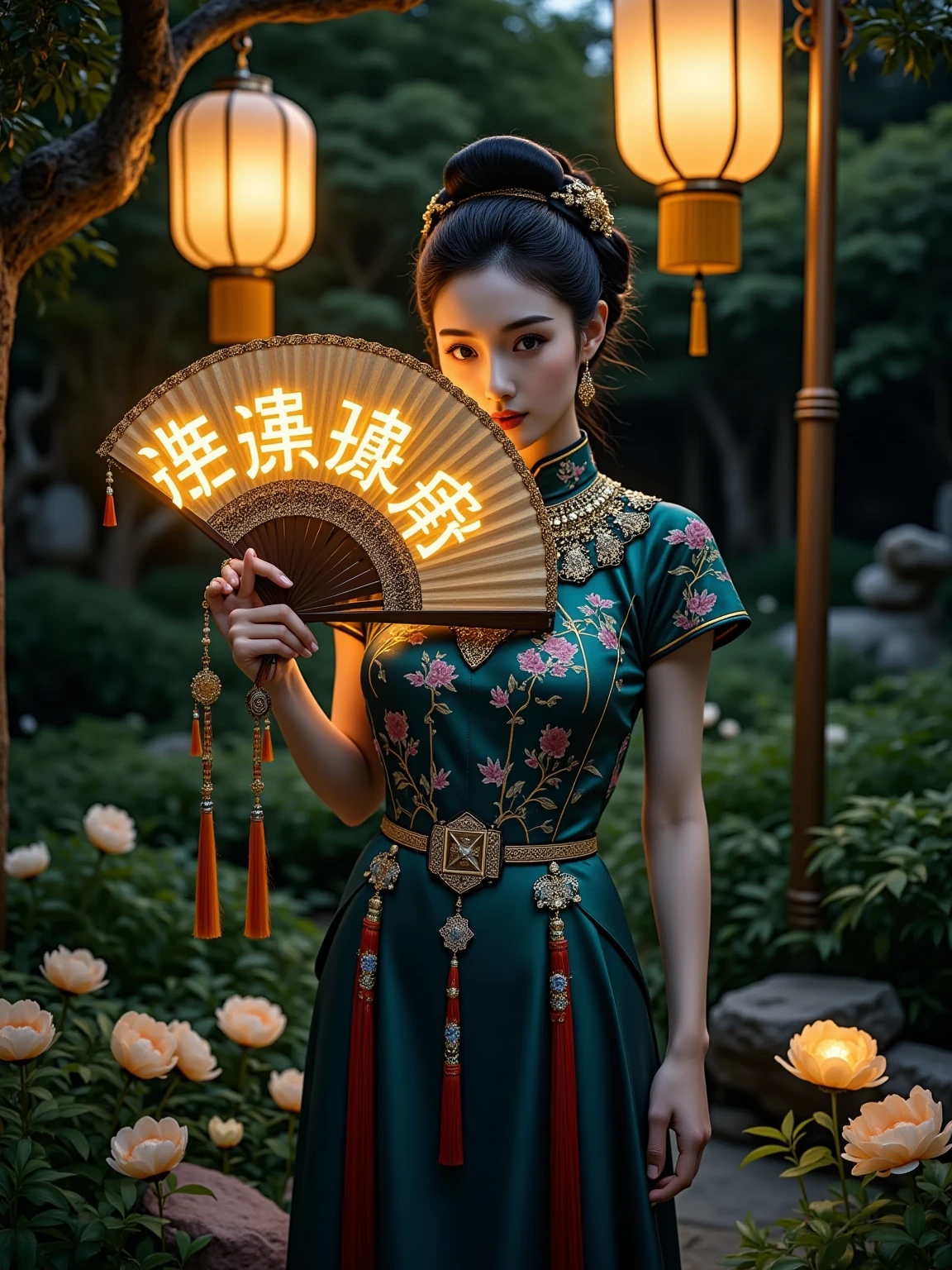  This is a surreal portrait ， depicts a luxurious 、Futuristic、 A sophisticated Chinese woman standing in a high-tech garden illuminated by soft nighttime lighting。 She holds an extraordinary bionic fan ， made of a flexible light-emitting LED panel ， with glowing Chinese characters ， emits mysterious fluorescence 。 The fan covers part of her face ，, you can only see her sharp and expressive eyes ，Exudes elegance and mystery， and her quasi-bionic hairstyle inspired by Chinese alien galaxy culture 。In the background， The garden is complemented by subtle futuristic elements ， like holographic flowers and softly glowing paths ， all bathed in warmth In the golden light ， reminiscent of a traditional lantern ， but has unprecedented futuristic modernity 、The beauty of fashion 。 This atmosphere conveys a seamless combination of traditional elegance and cutting-edge bionic technology ， highlights tradition and tradition The fascinating interaction of innovation 。