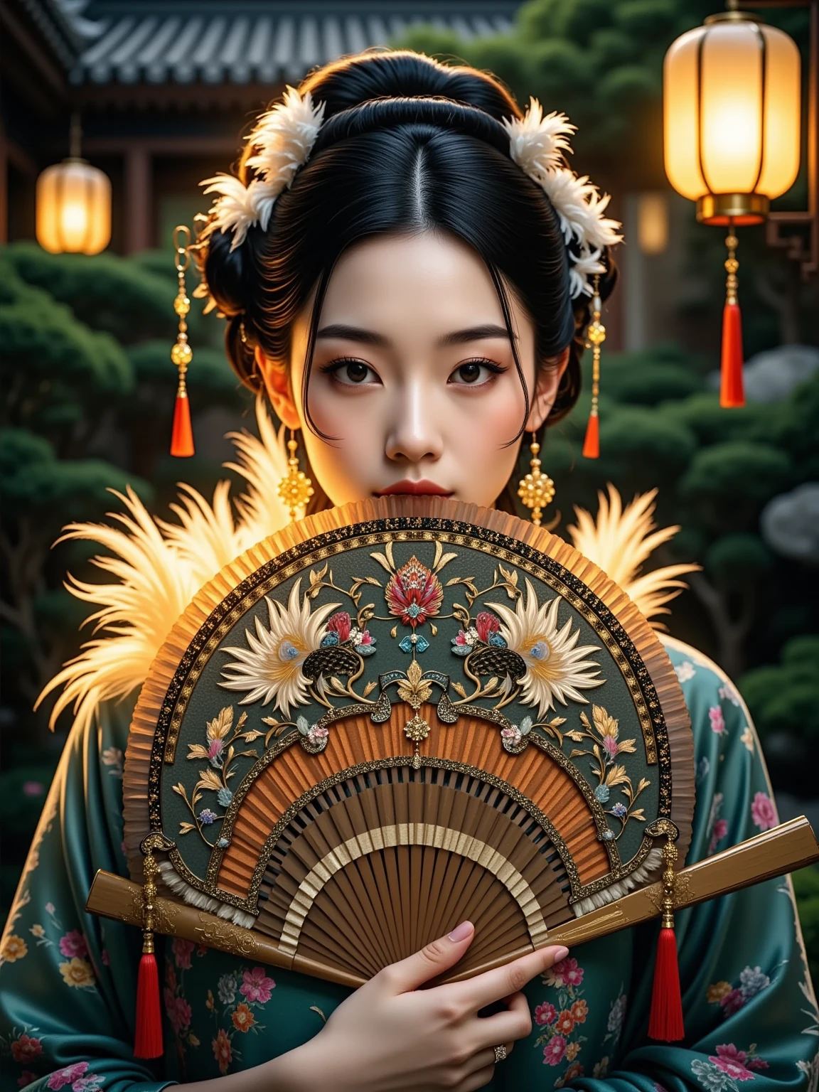 Ultra realistic portrait, Stunning delicate and refined Chinese woman stands in a quiet garden, holding a magnificent, exquisitely crafted luxurious fan that covers the lower part of her face, and her eyes are open; the fan has an elegant lattice, unique coloring, interweaving of bright feathers and silk tassels that sparkle in the soft golden light of a traditional Chinese lantern; the majestic beauty of the fan, the refined features of the woman's face, her striking gaze, evoke the unrivaled elegance and mystery of the East