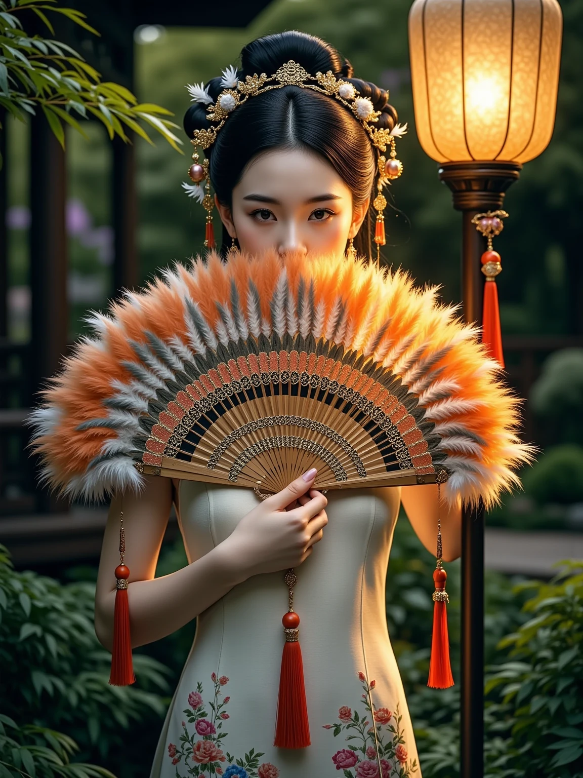 Ultra realistic portrait, Stunning delicate and refined Chinese woman stands in a quiet garden, holding a magnificent, exquisitely crafted luxurious fan that covers the lower part of her face, and her eyes are open; the fan has an elegant lattice, unique coloring, interweaving of bright feathers and silk tassels that sparkle in the soft golden light of a traditional Chinese lantern; the majestic beauty of the fan, the refined features of the woman's face, her striking gaze, evoke the unrivaled elegance and mystery of the East