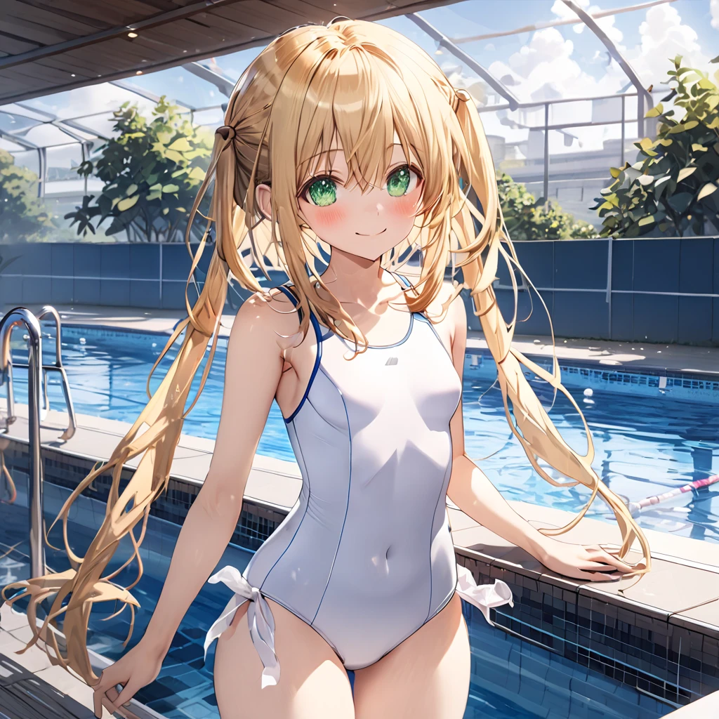 ( One Girl ), blonde hair, green eyes, short hair ,smile,blush、(long sidelocks:1.5), ( small tits:1.5),(white school swimsuit flap:1.5),(Thighs:1.5),stand、Pool、front、 cowboy shot、( perfect anatomy ),( best quality), ( ultra hi-res), (超 high definition ), ( Highly Detailed CG), (32K), (masterpiece)、eyesHD,IF \(Neptunia )\