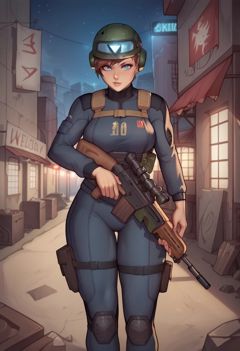 1girl, grey T shirt, tan bulletproof vest, beautiful, brown hair, green eyes, jeans, S.T.A.R.S nameplate, tactical headphones, short hair, tactical boots, smoking cigar, serious expression, night city, armored truck in background, STARS written on armoured truck.```