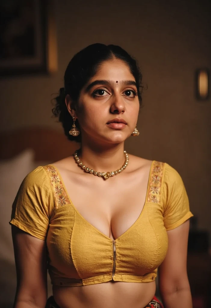 skinny but fit 21 year old girl ,full body portrait, standing in bedroom, wearing navel chain, sexy blouses, breasts,  different colour sarees, fit and curvy body, sleeveless blouse, costly room, bangles in hand, bindi in forehead, 8k, thick thighs intricate details big
